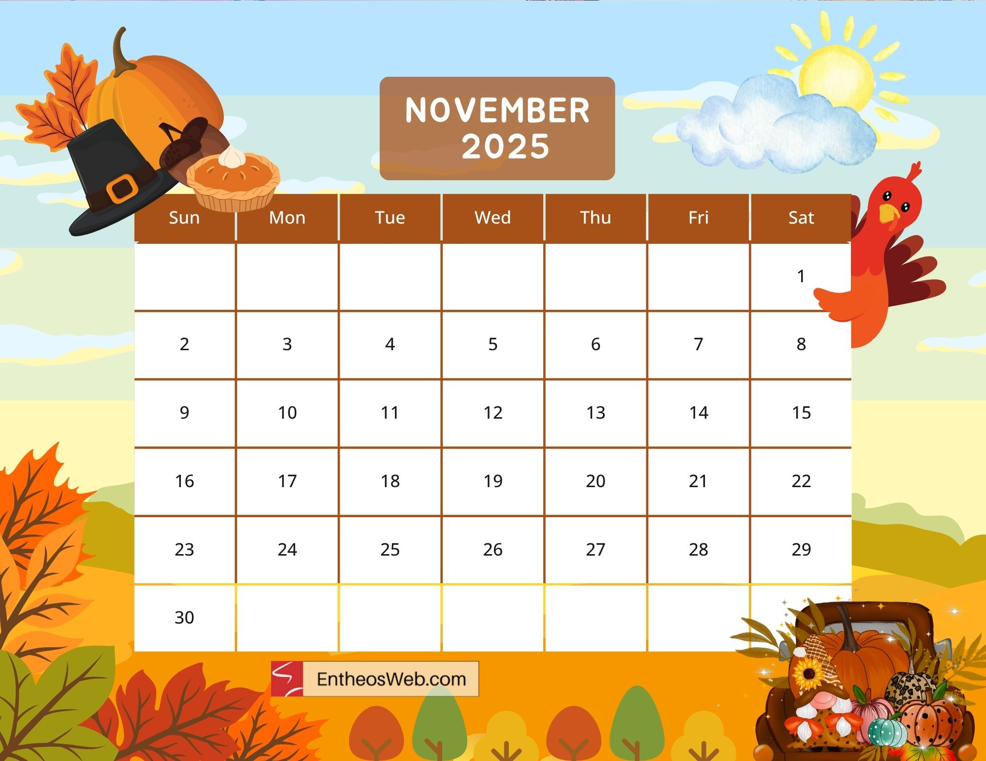 November 2025 Calendar Free Printables | Entheosweb in November 2025 Calendar Thanksgiving Printable