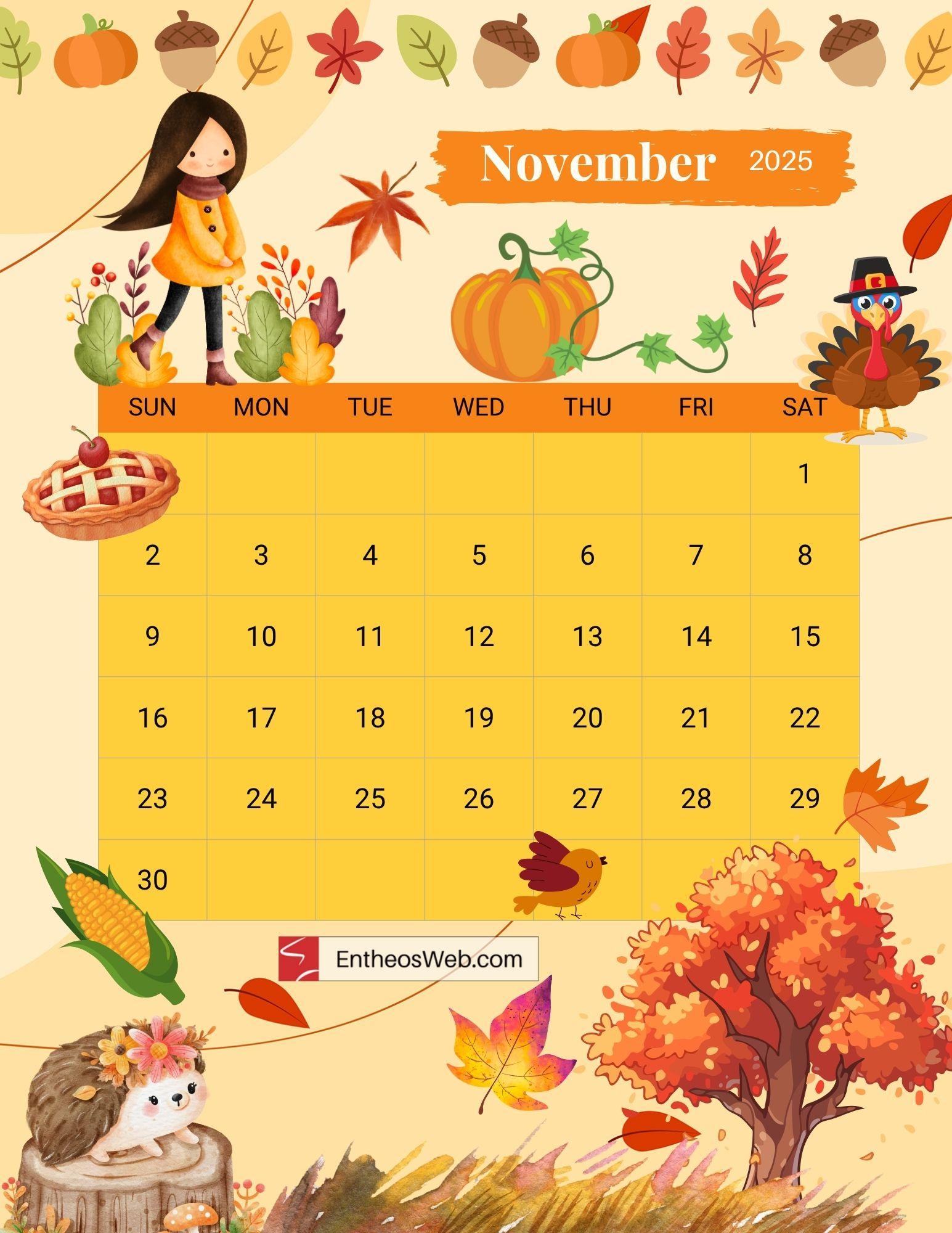 November 2025 Calendar Free Printables | Entheosweb intended for November 2025 Calendar Thanksgiving