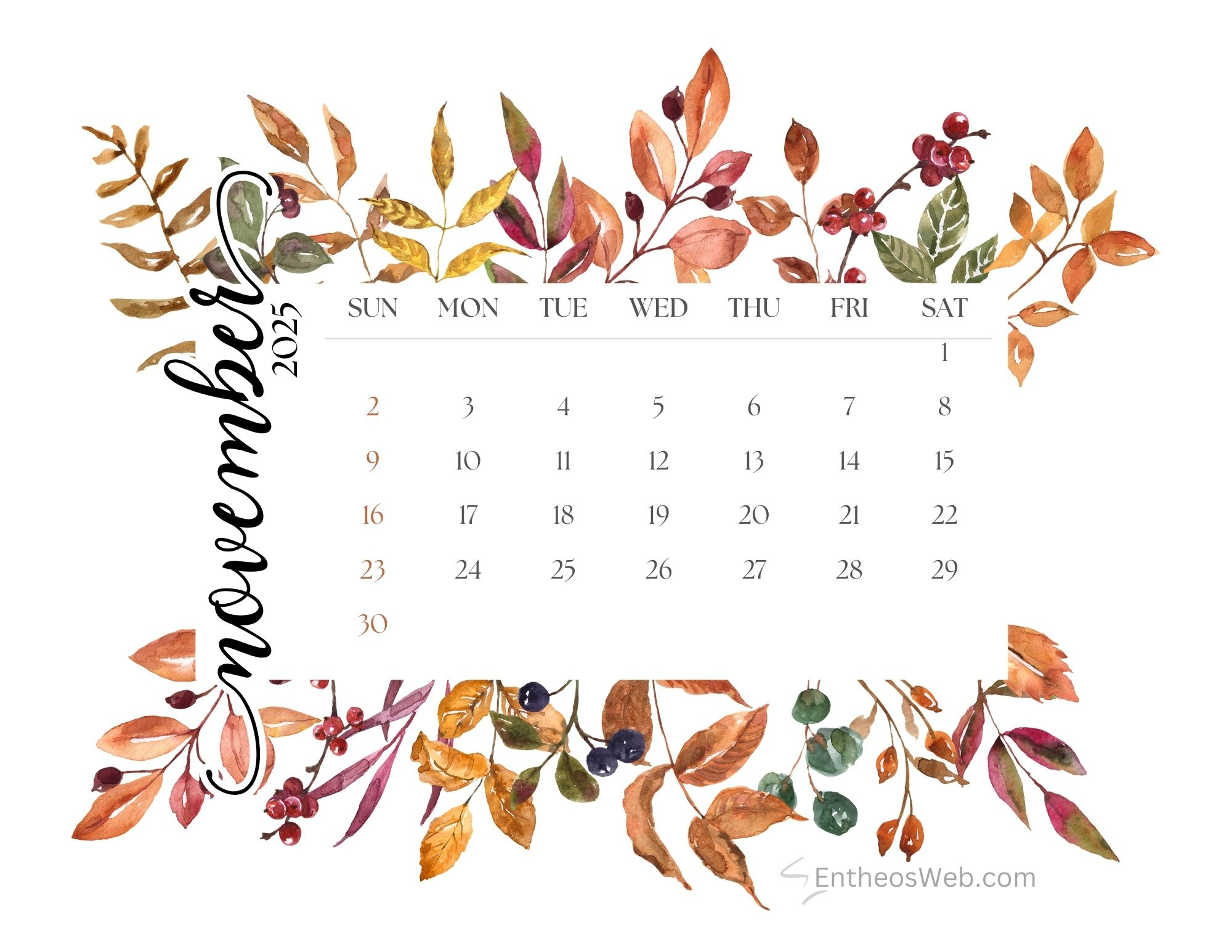 November 2025 Calendar Free Printables | Entheosweb throughout November 2025 Calendar Desktop