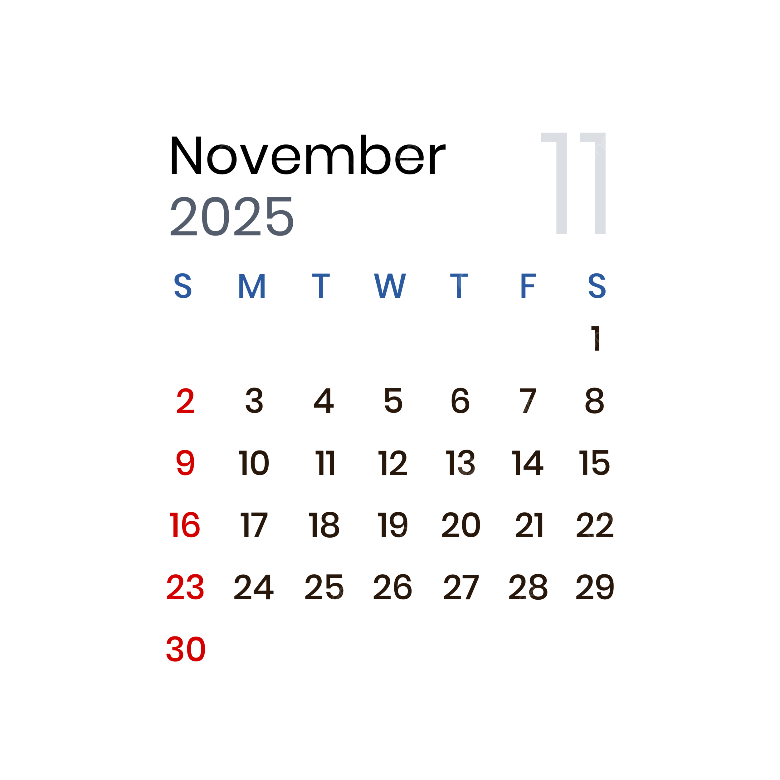 November 2025 Calendar Minimalist Vector, November 2025, November within November 2025 Calendar Transparent Background