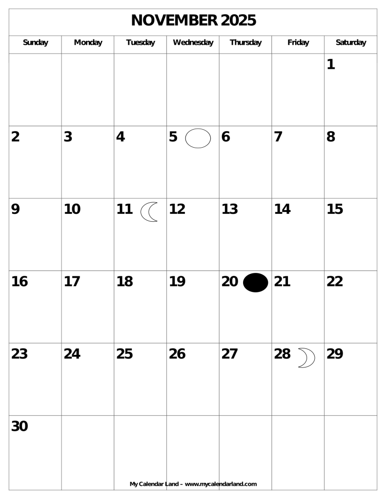 November 2025 Calendar – My Calendar Land pertaining to November 2025 Calendar How Many Days