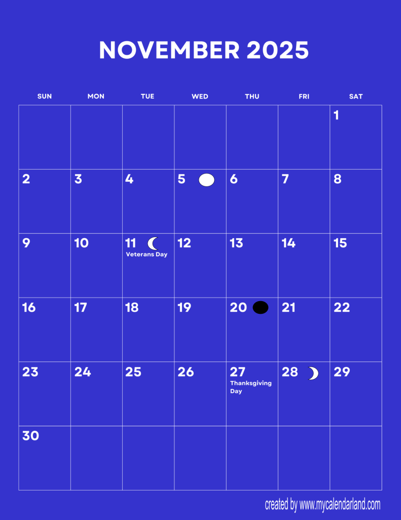 November 2025 Calendar – My Calendar Land with How Much Days In November 2025 Calendar