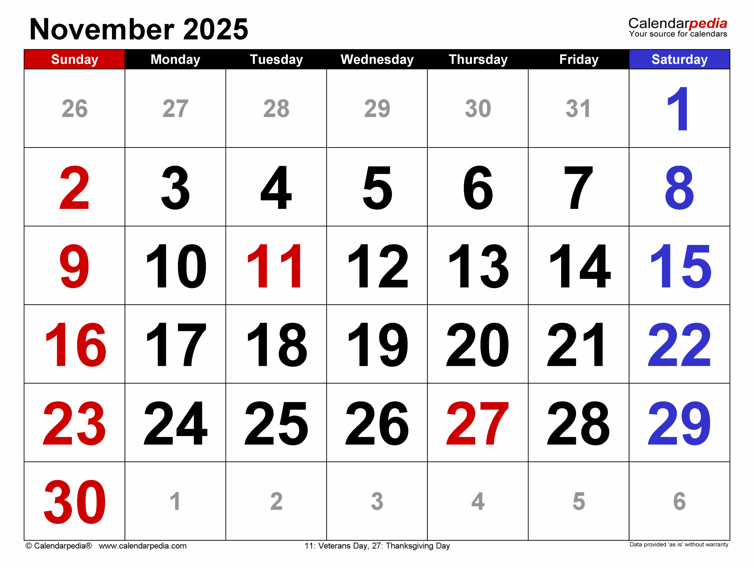 November 2025 Calendar | Templates For Pdf, Excel And Word inside November 2025 Calendar Usa