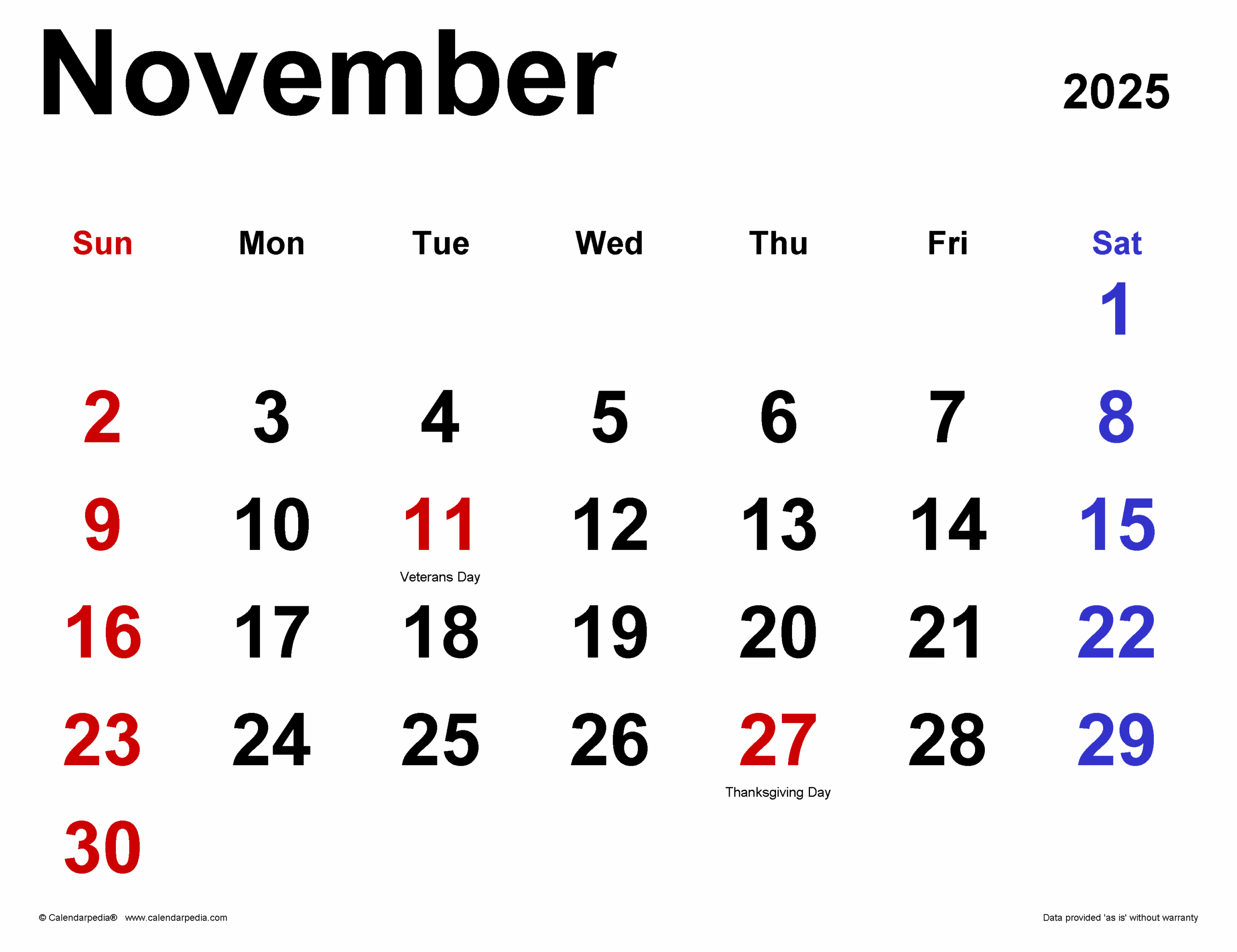 November 2025 Calendar | Templates For Pdf, Excel And Word intended for November 2025 Calendar Veterans Day