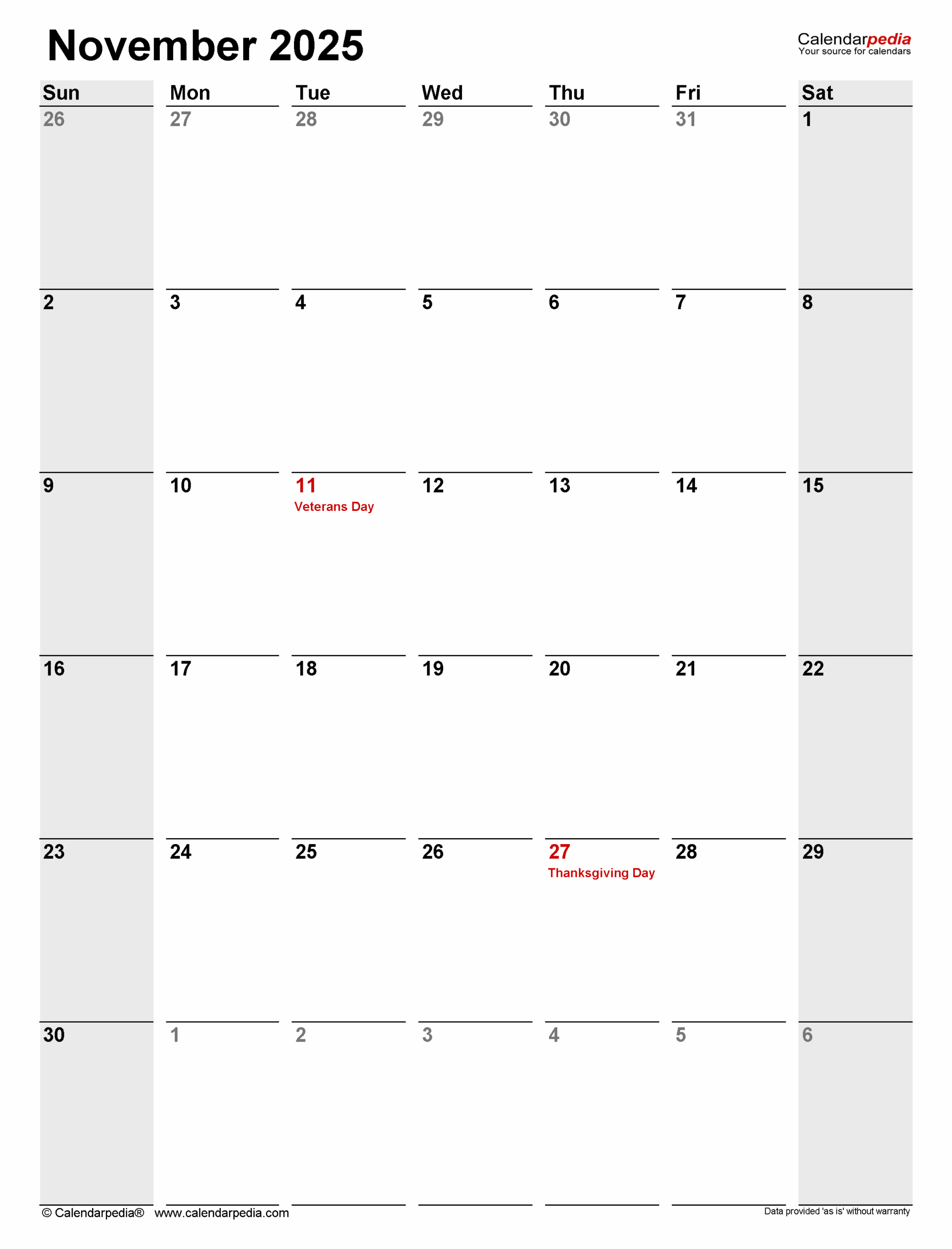 November 2025 Calendar | Templates For Pdf, Excel And Word regarding November 2025 Calendar Calendarpedia