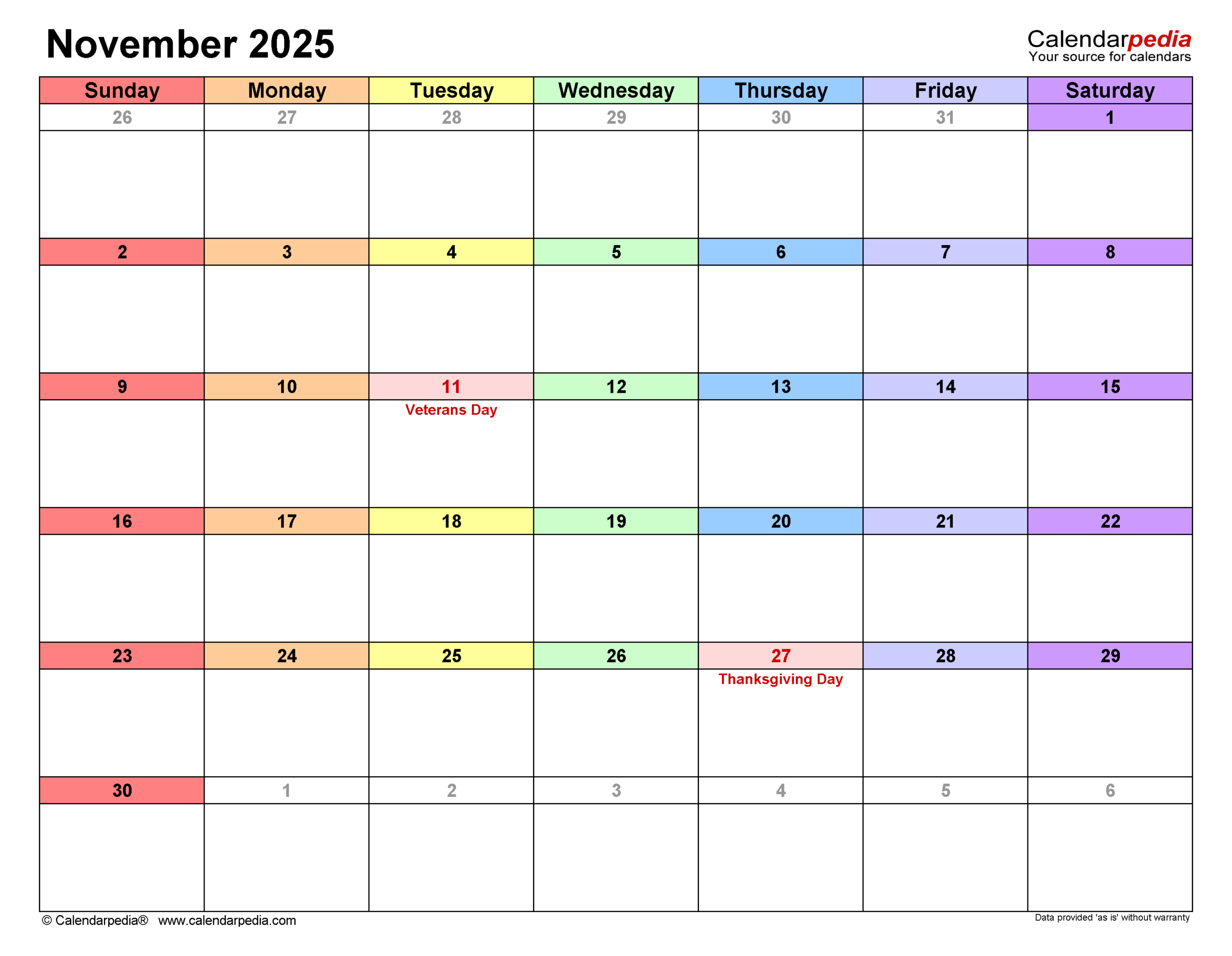 November 2025 Calendar | Templates For Pdf, Excel And Word throughout November 2025 Calendar Calendarpedia