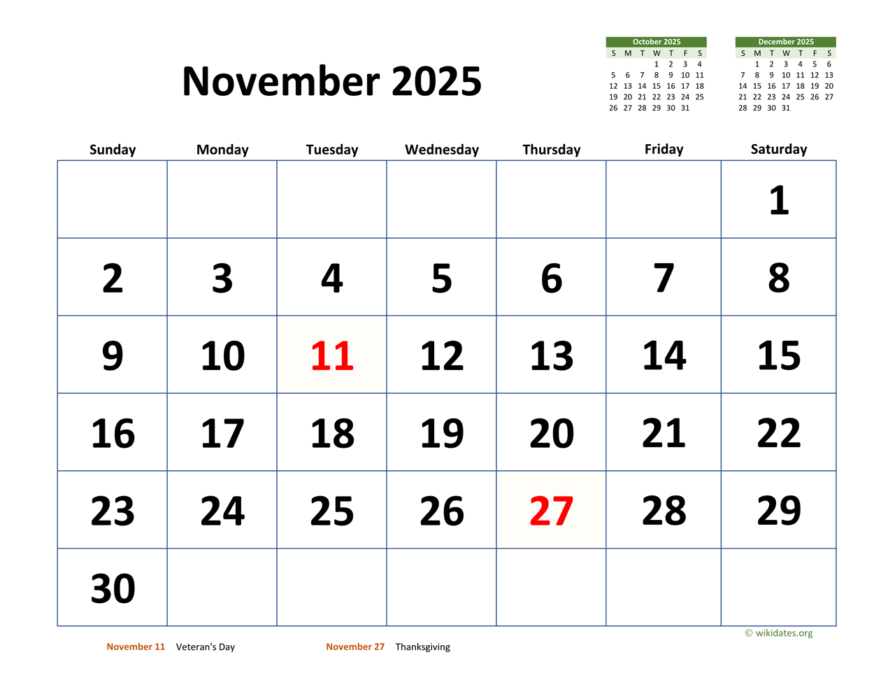 November 2025 Calendar With Extra-Large Dates | Wikidates for Wiki November 2025 Calendar