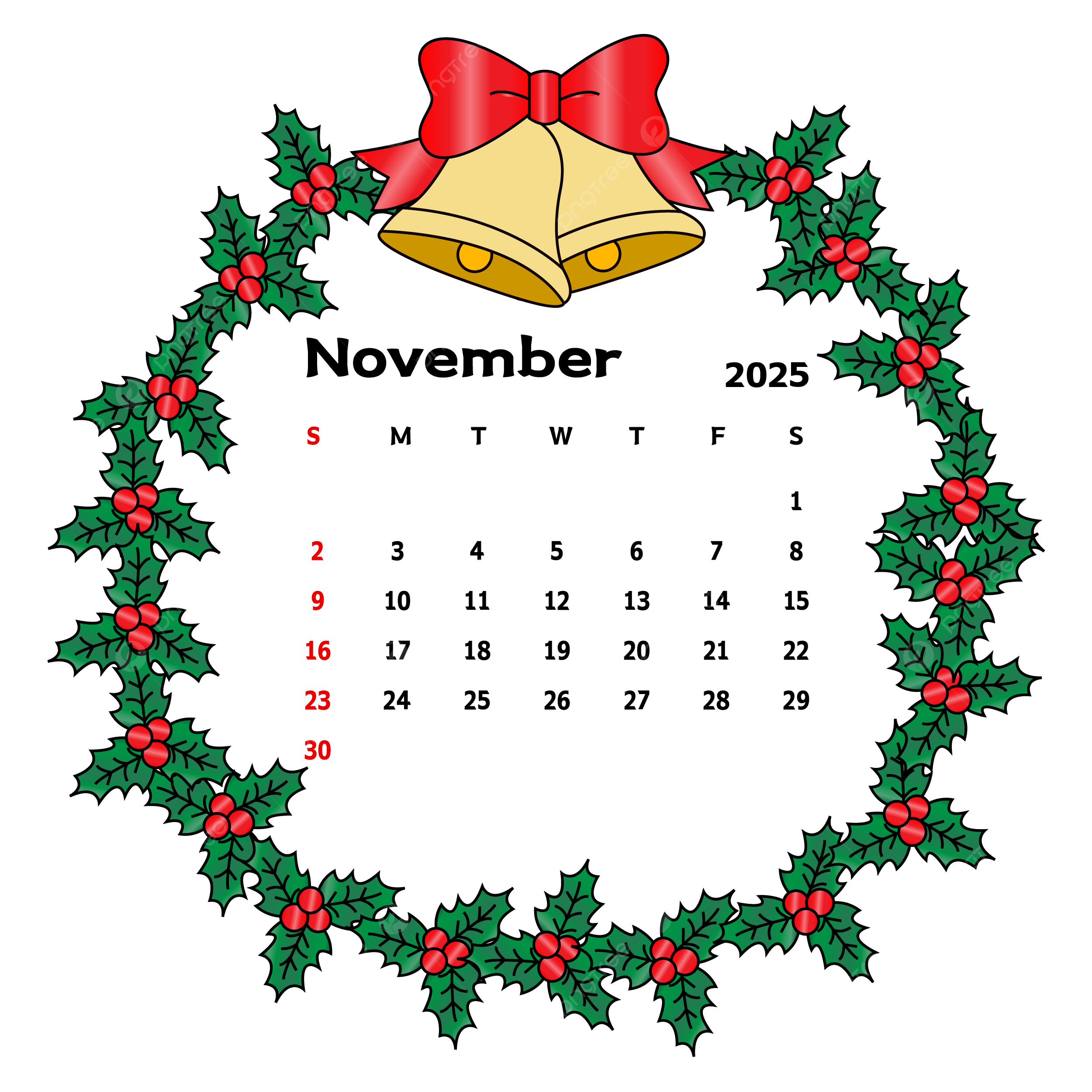 November 2025 Calendar With Leafy Circle Frame And Bells Vector throughout November 2025 Calendar Christmas