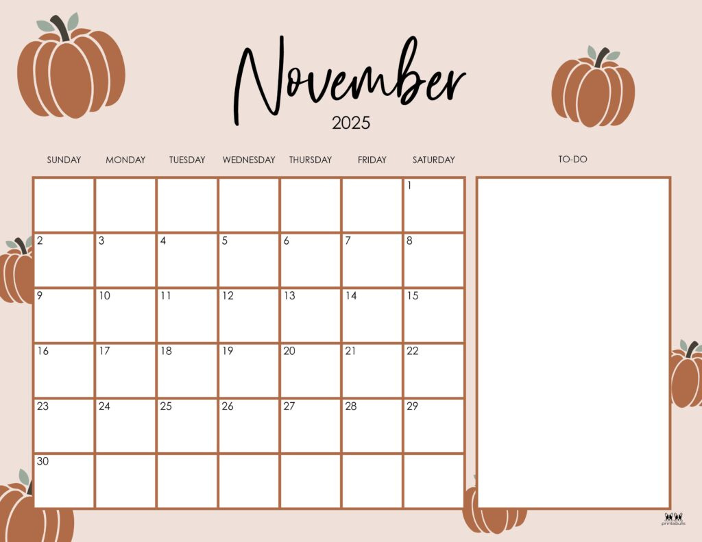 November 2025 Calendars - 107 Free Printables | Printabulls for November 2025 Calendar Thanksgiving Theme