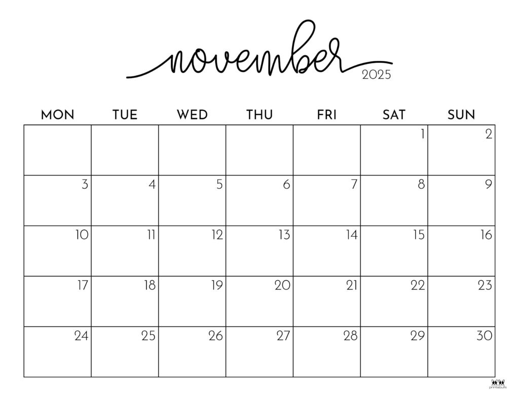 November 2025 Calendars - 107 Free Printables | Printabulls in Cute November 2025 Calendar Printable