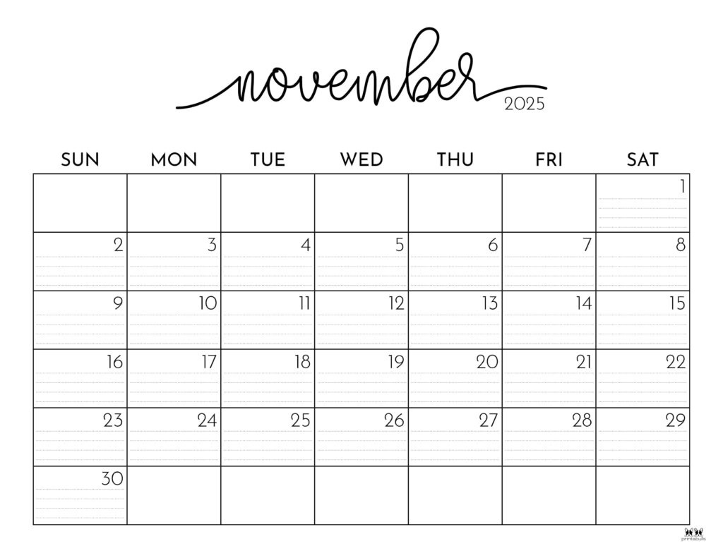 November 2025 Calendars - 107 Free Printables | Printabulls intended for November 2025 Calendar With Lines Printable