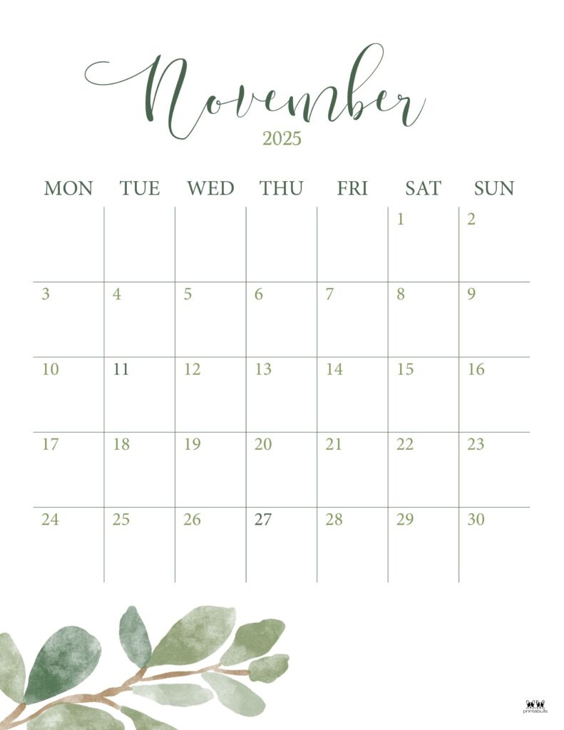 November 2025 Calendars - 107 Free Printables | Printabulls regarding November 2025 Calendar Portrait