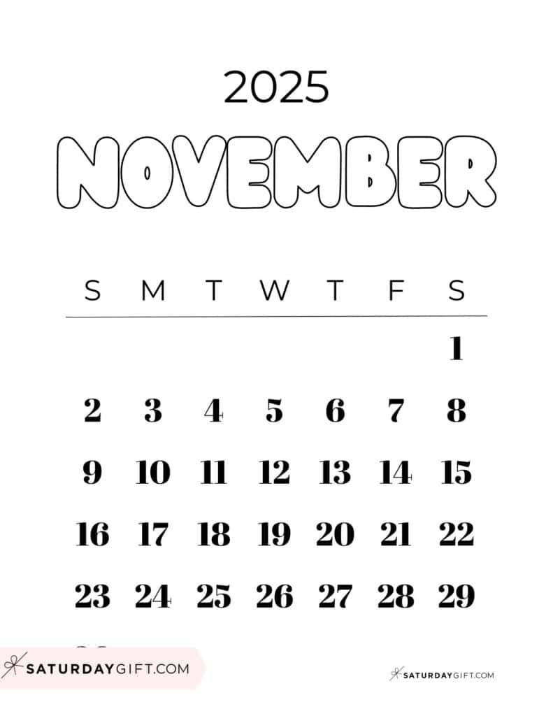 November 2025 Calendars - 23 Cute Free Printable Pdfs | Saturdaygift in November 22 Calendar 2025