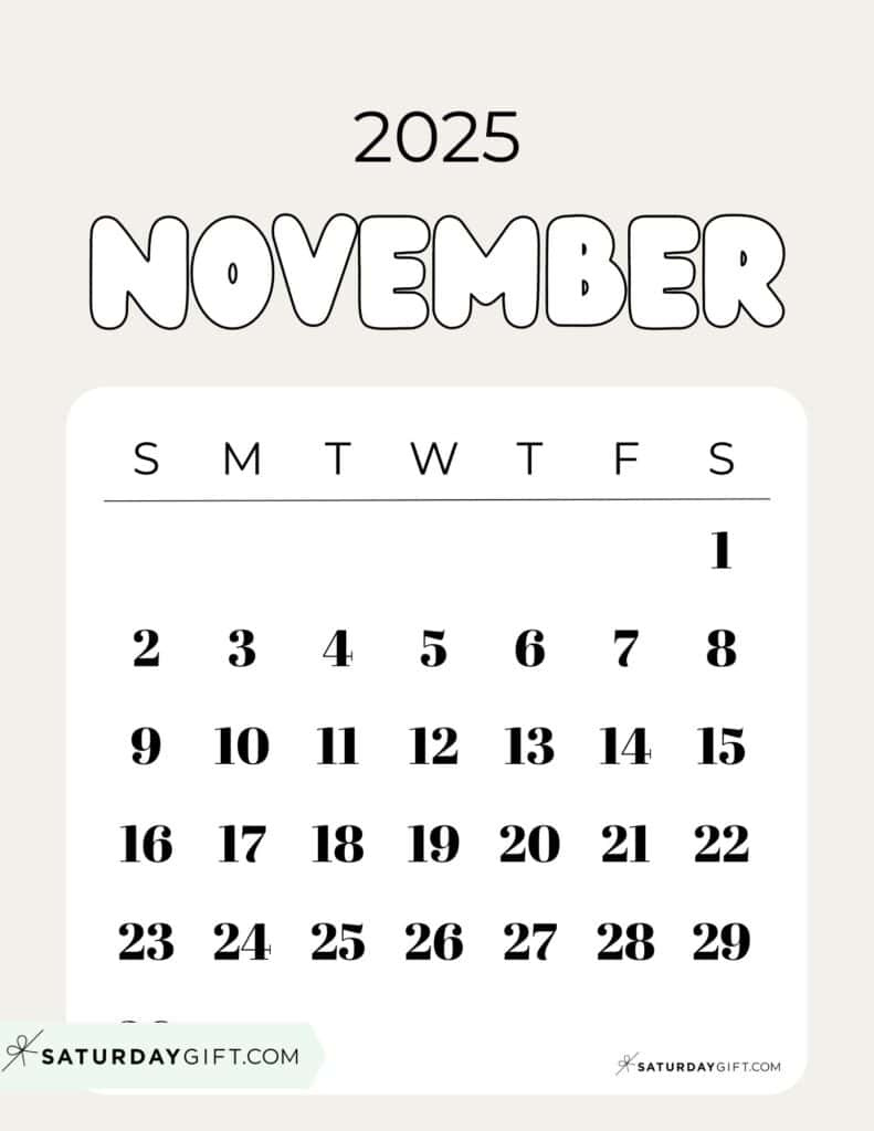 November 2025 Calendars - 23 Cute Free Printable Pdfs | Saturdaygift in November 28 2025 Calendar