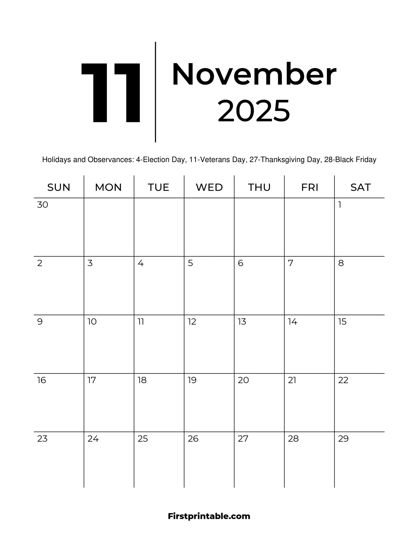 November 2025 Calendars - Free Printable & Fillable pertaining to November Calendar 2025 Fillable