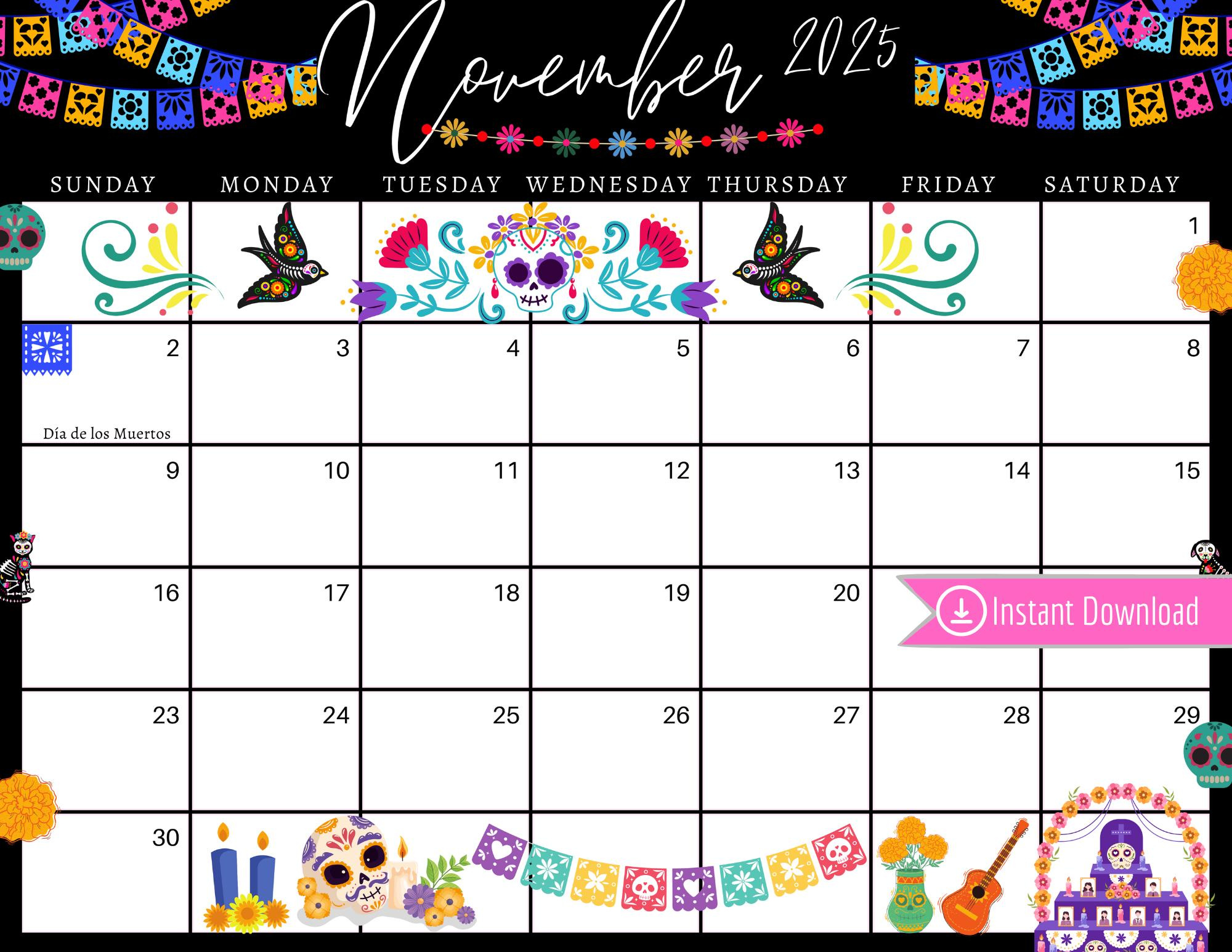 November 2025 Dia De Los Muertos Calendar: Editable Printable (Pdf within Barbie Calendar November 2025
