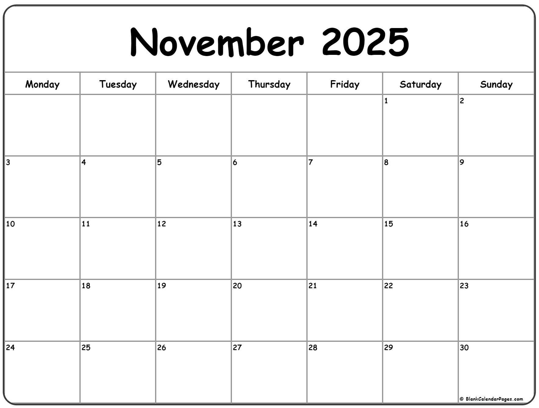 November 2025 Monday Calendar | Monday To Sunday inside November Calendar 2025 Monday Start