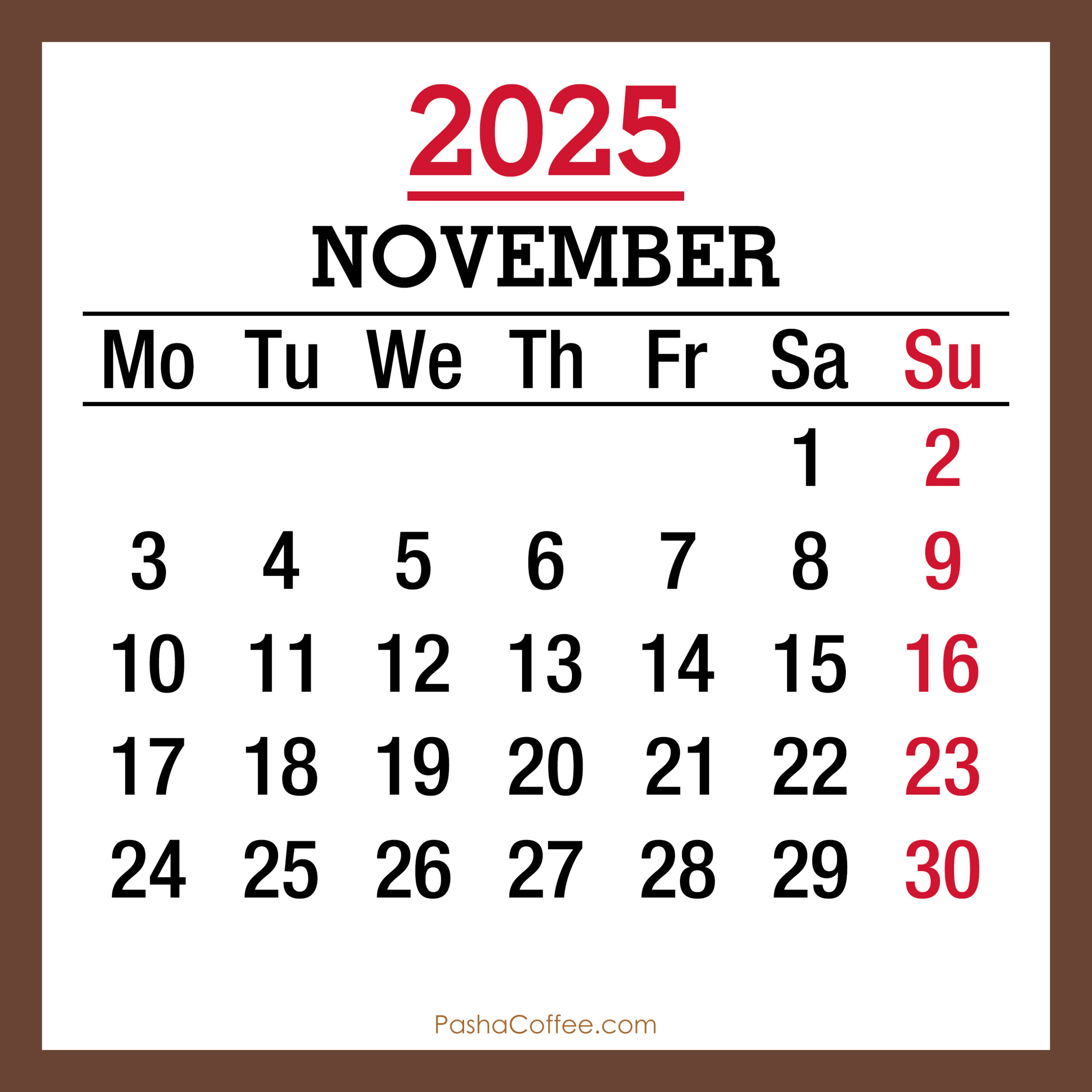 November 2025 Monthly Calendar, Printable Free, Brown, Monday throughout November Calendar 2025 Monday Start