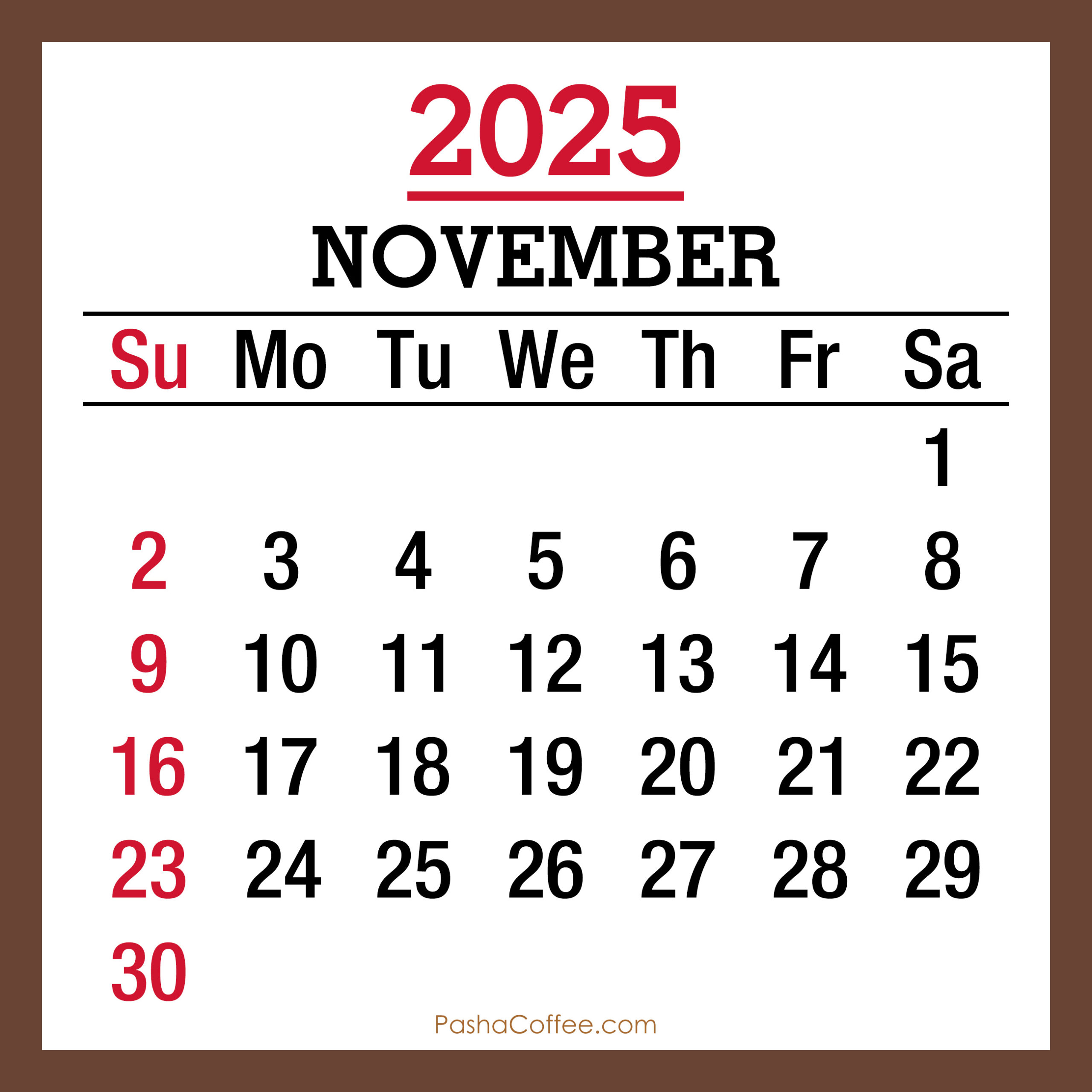 November 2025 Monthly Calendar, Printable Free, Brown, Sunday throughout November 2Nd 2025 Calendar