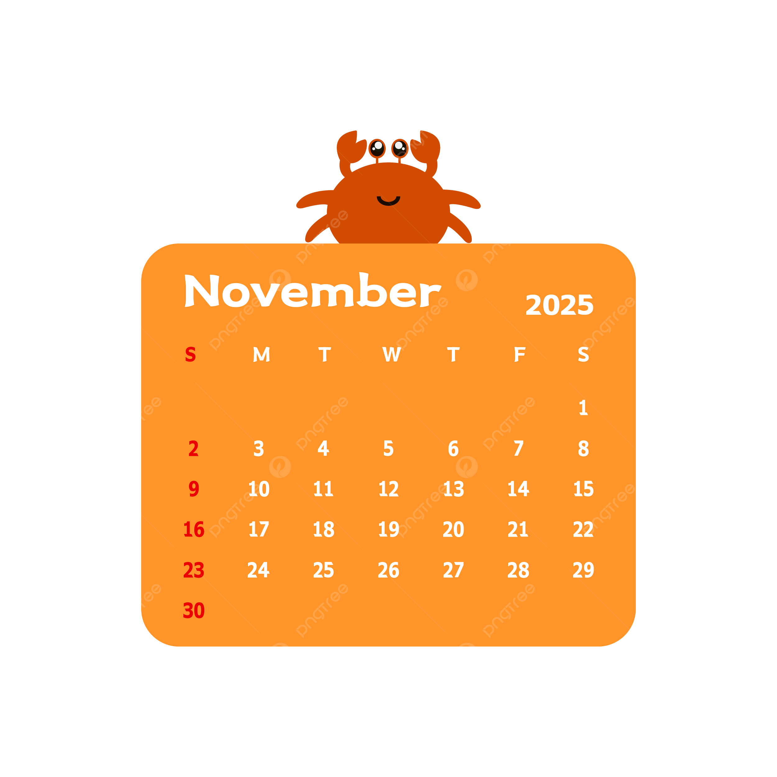 November 2025 Monthly Calendar With Cartoon Crab Vector, Crab with November 2025 Calendar Clipart