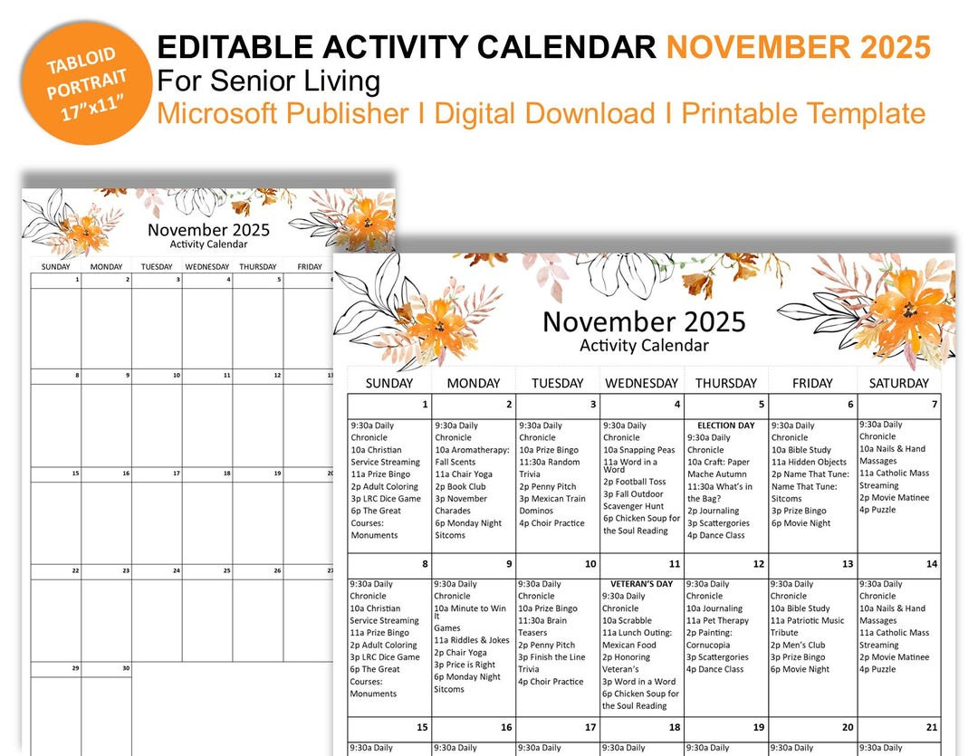 November 2025 Senior Living Activity Calendar (17" X 11 throughout November 2025 Activity Calendar