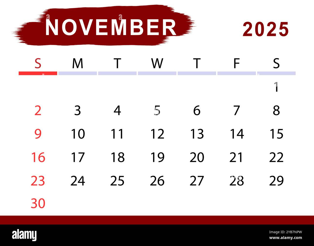 November 2025 Simple Month Calendar. Sunday Start. Vector Design for Earning Calendar November 2025