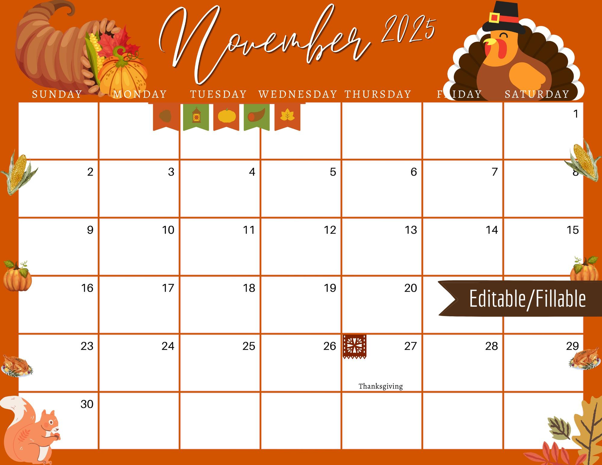 November 2025 Thanksgiving-Planer: Bearbeitbarer Druckbarer inside Calendar November 2025 Thanksgiving