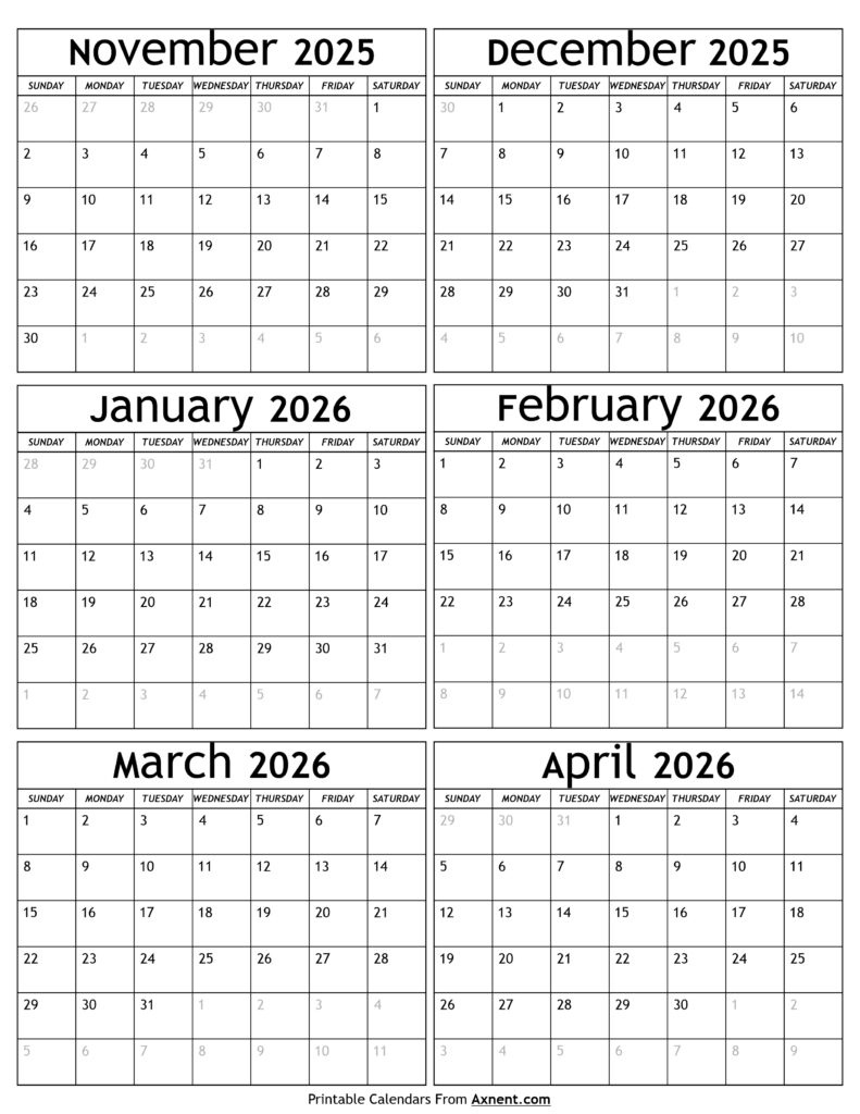 November 2025 To April 2026 Calendar Templates - Six Months regarding November 2025 to April 2026 Calendar