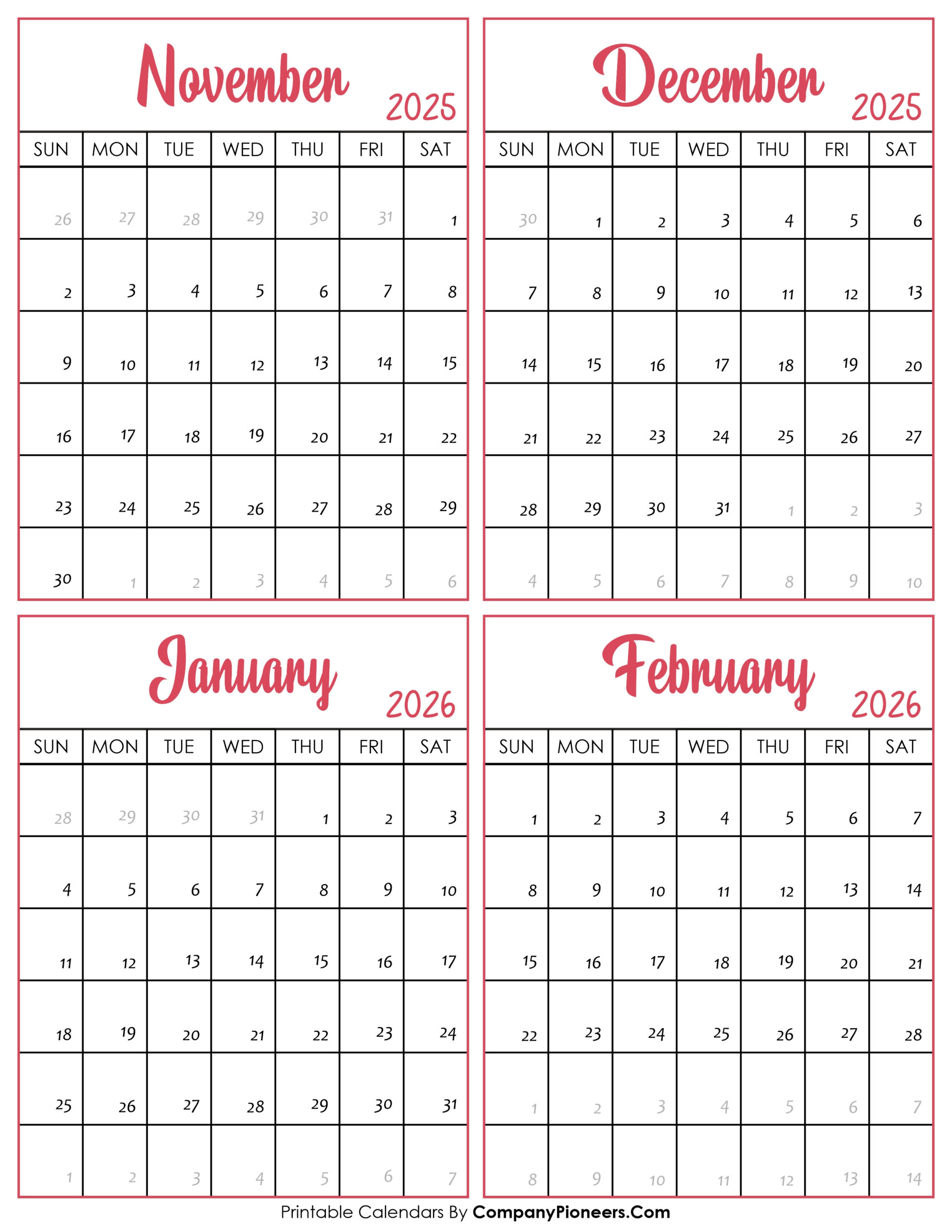November 2025 To February 2026 Calendar Printable - Template regarding Calendar November 2025 to February 2025