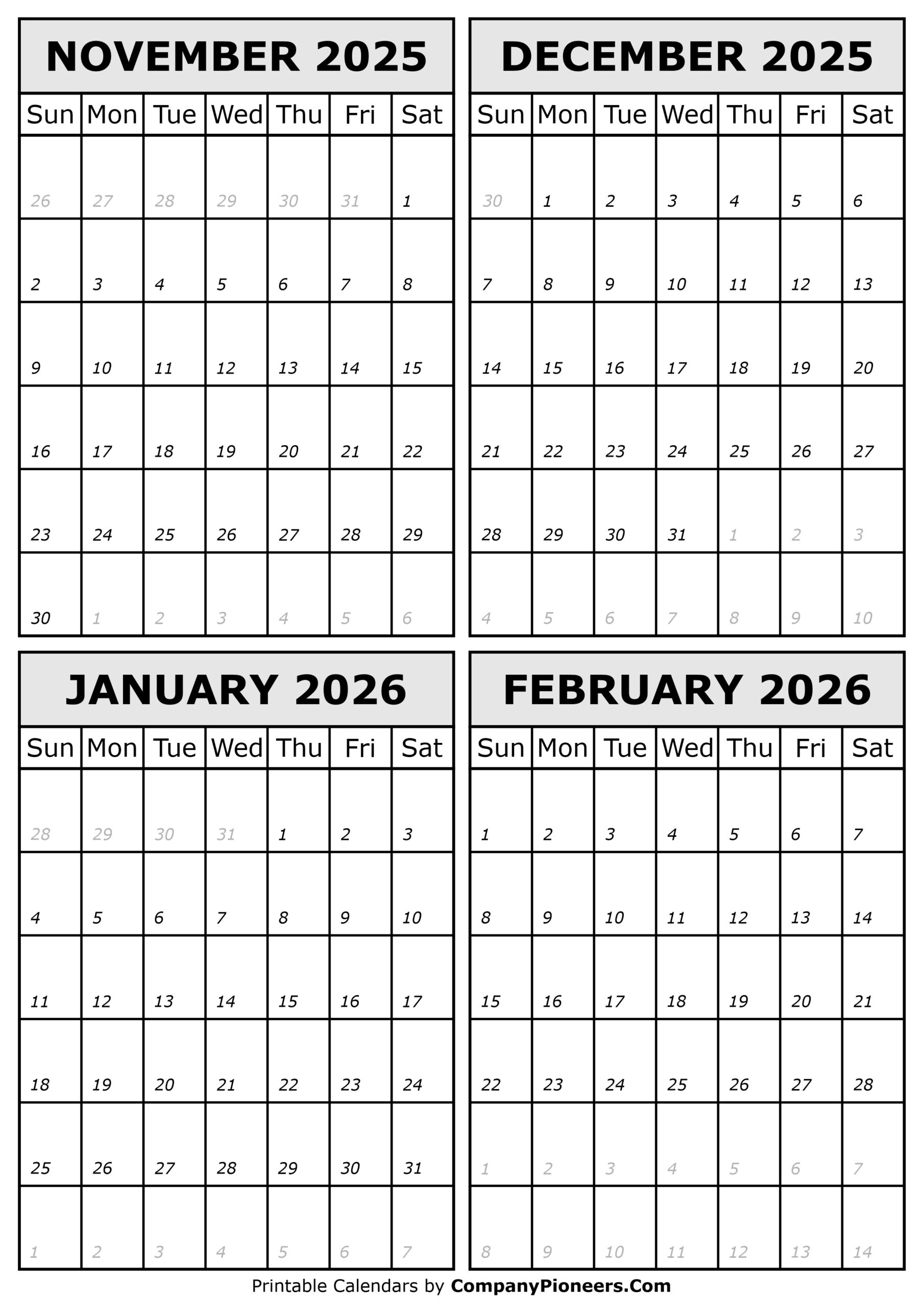 November 2025 To February 2026 Calendar Printable - Template with Calendar November 2025 To February 2025