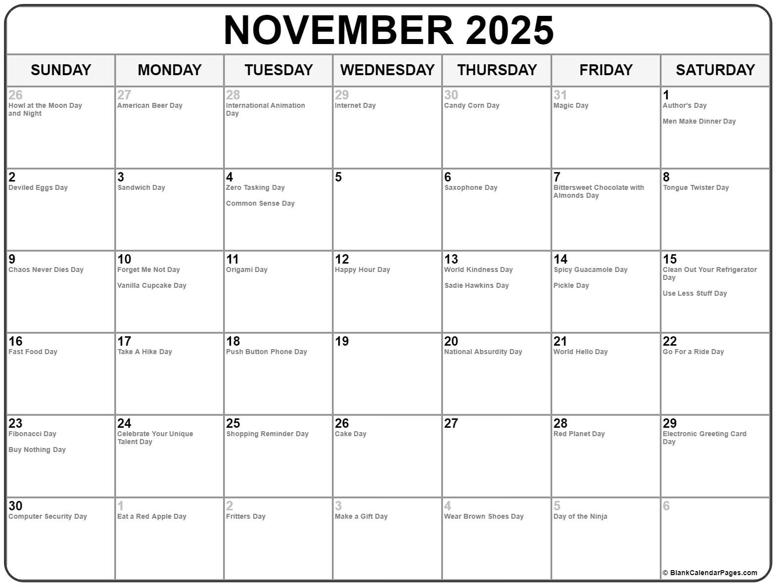 November 2025 With Holidays Calendar regarding National Days Calendar November 2025