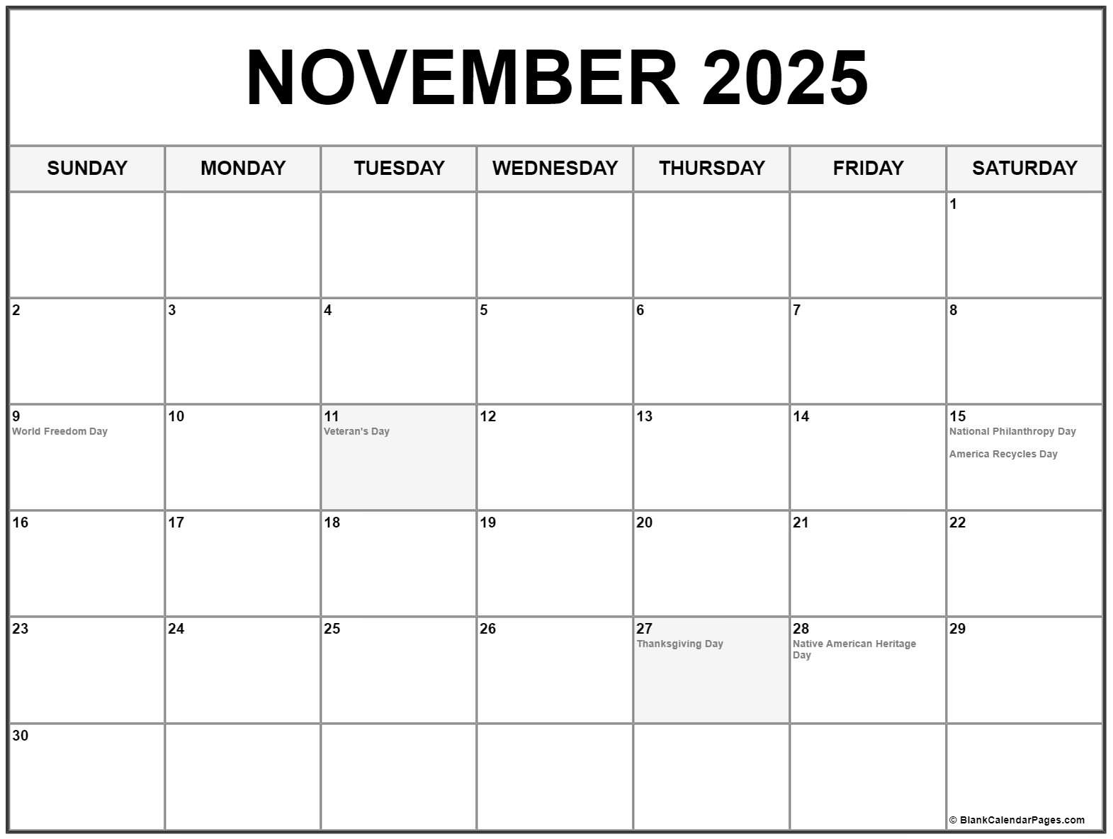 November 2025 With Holidays Calendar regarding November 2025 Calendar Usa