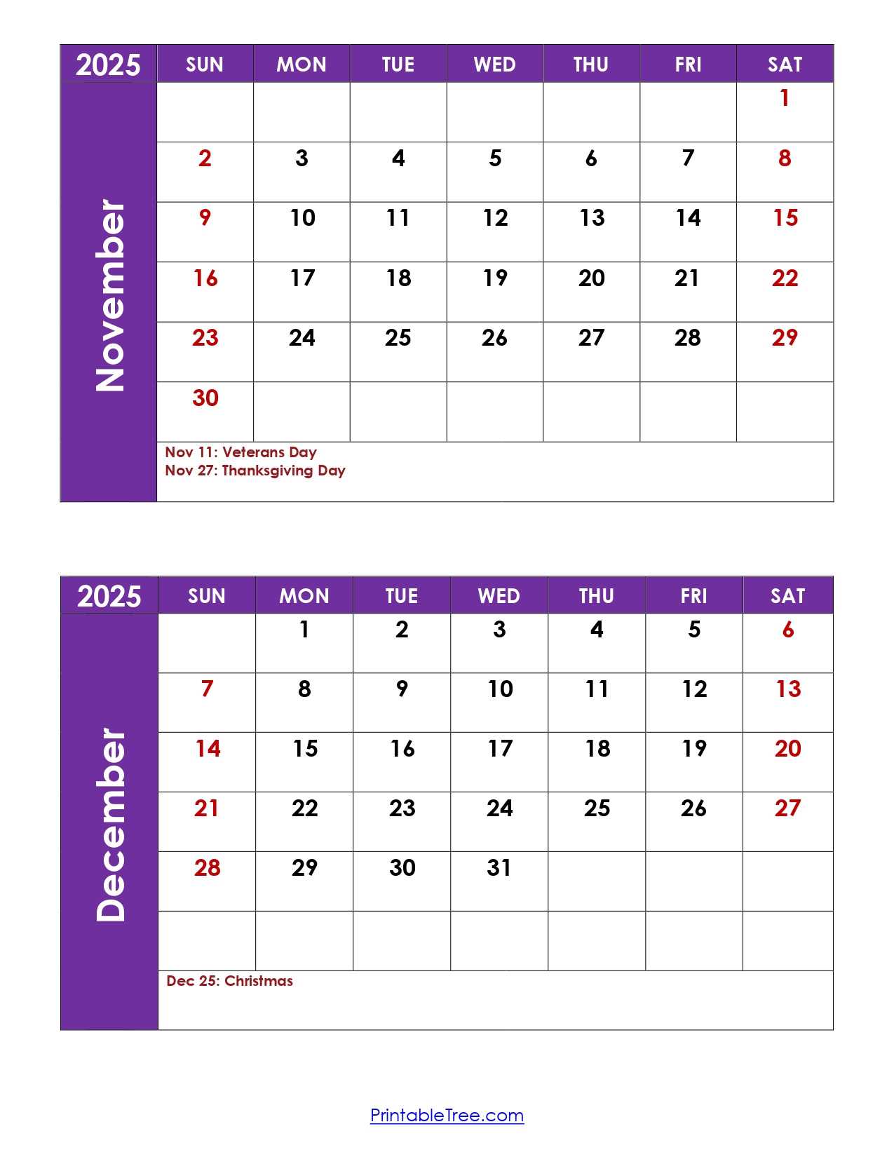 November And December 2025 Calendar Printable Pdf | Two Months within November and December 2025 Calendar