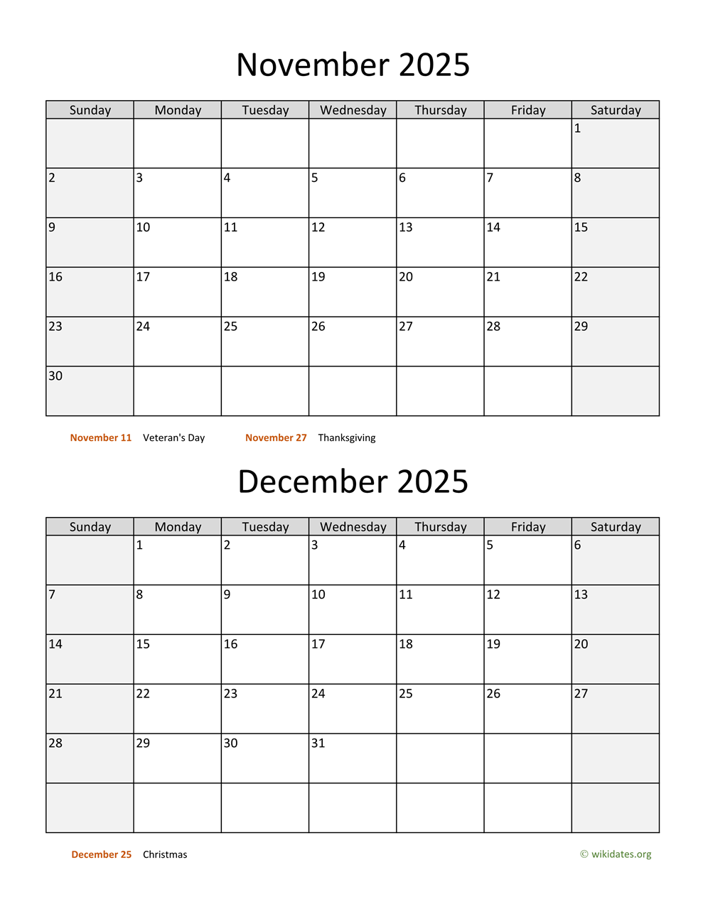 November And December 2025 Calendar | Wikidates in November To December 2025 Calendar Printable