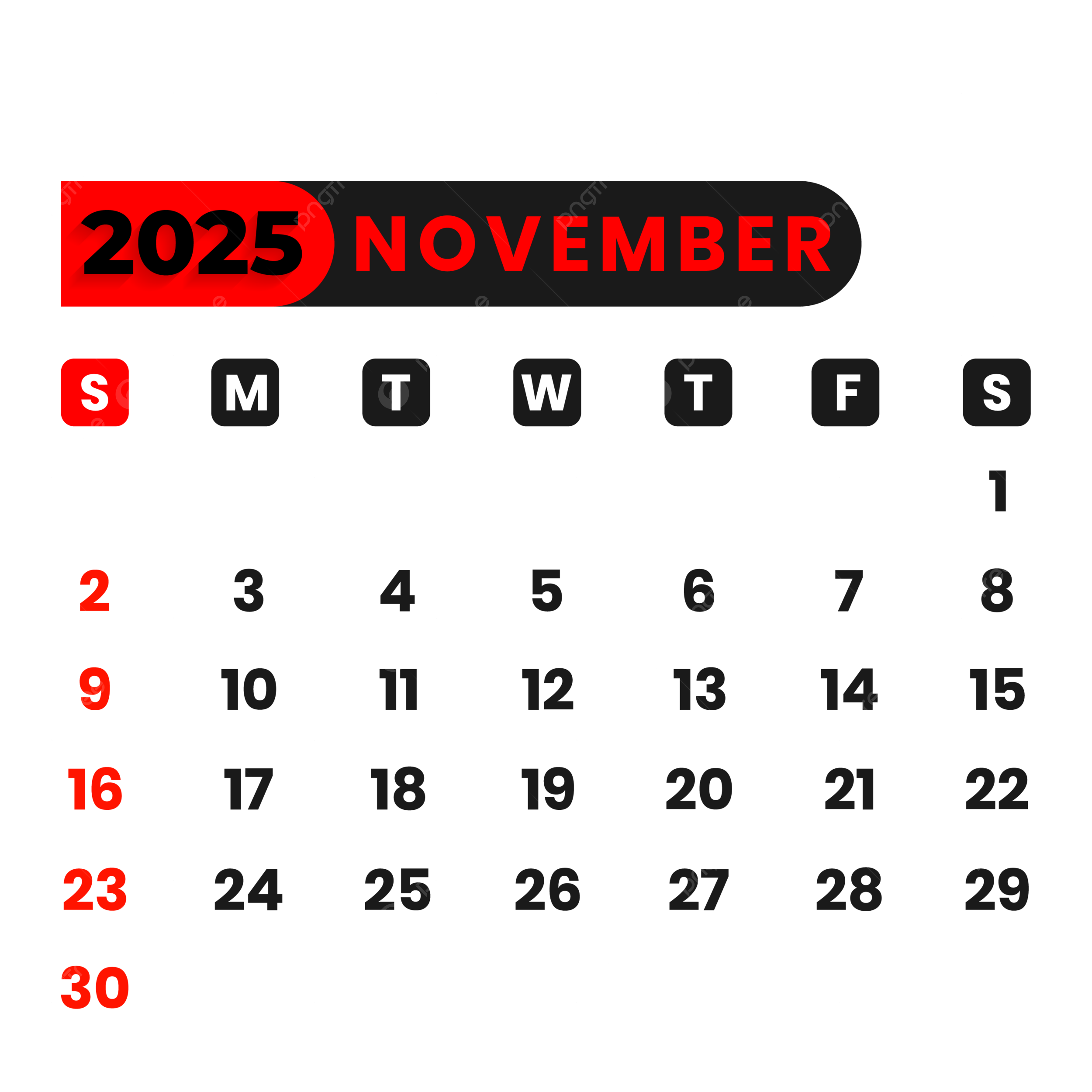November Calendar 2025 Vector, November, Calendar 2025, Calendar in November 2025 Calendar Transparent Background