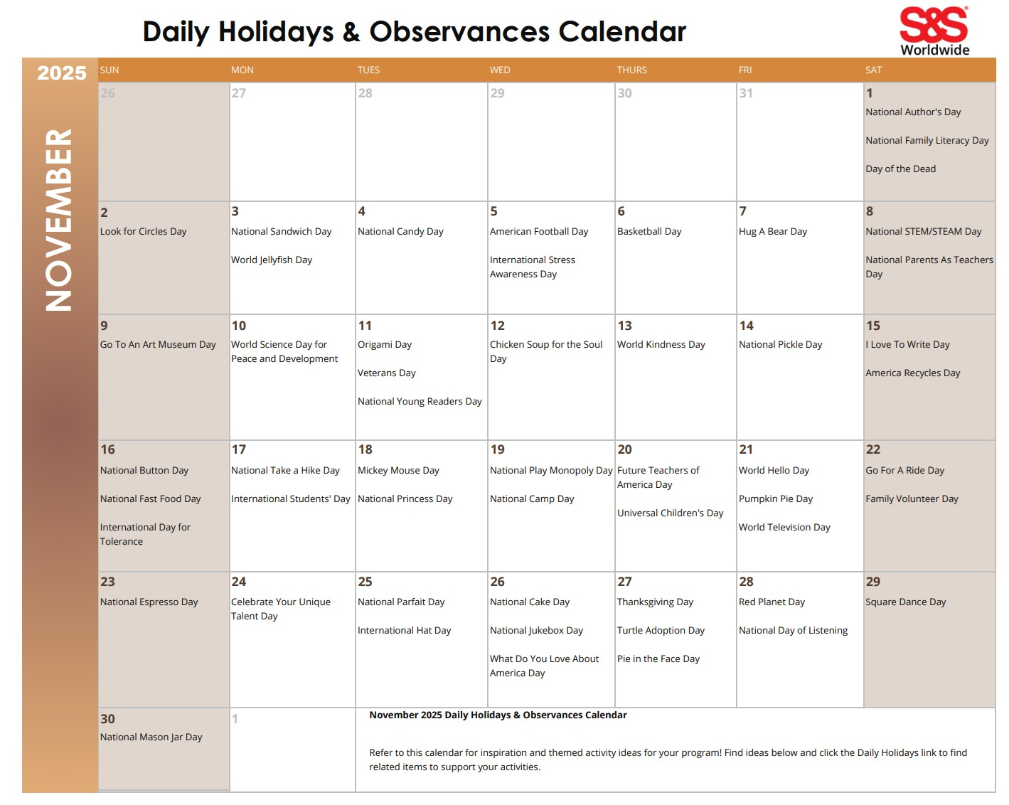 November Daily Holidays & Observances Printable Calendar - S&S Blog inside November 2025 Calendar Special Days