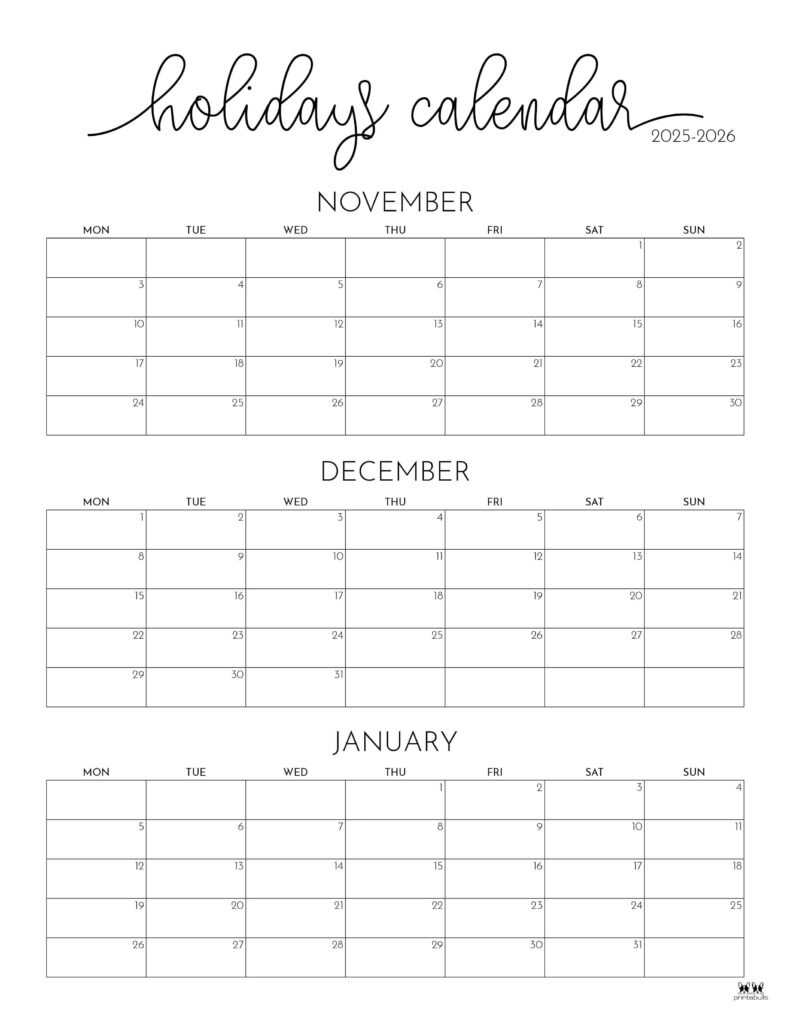 November December 2025 Calendars - 28 Printables | Printabulls for November 2025 December 2025 January 2026 Calendar