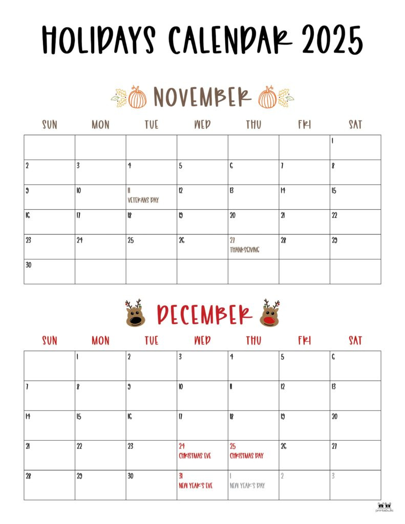 November December 2025 Calendars - 28 Printables | Printabulls throughout November 2025 December 2025 Calendar
