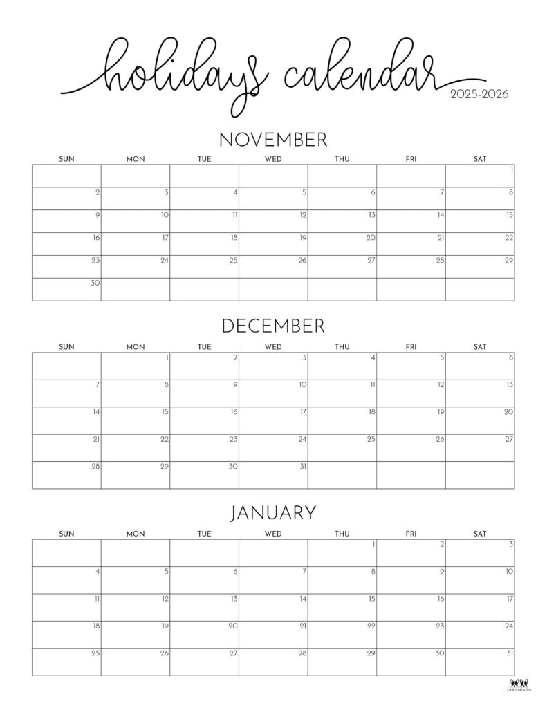 November December 2025 Calendars - 28 Printables | Printabulls within November December January Calendar 2025 2026