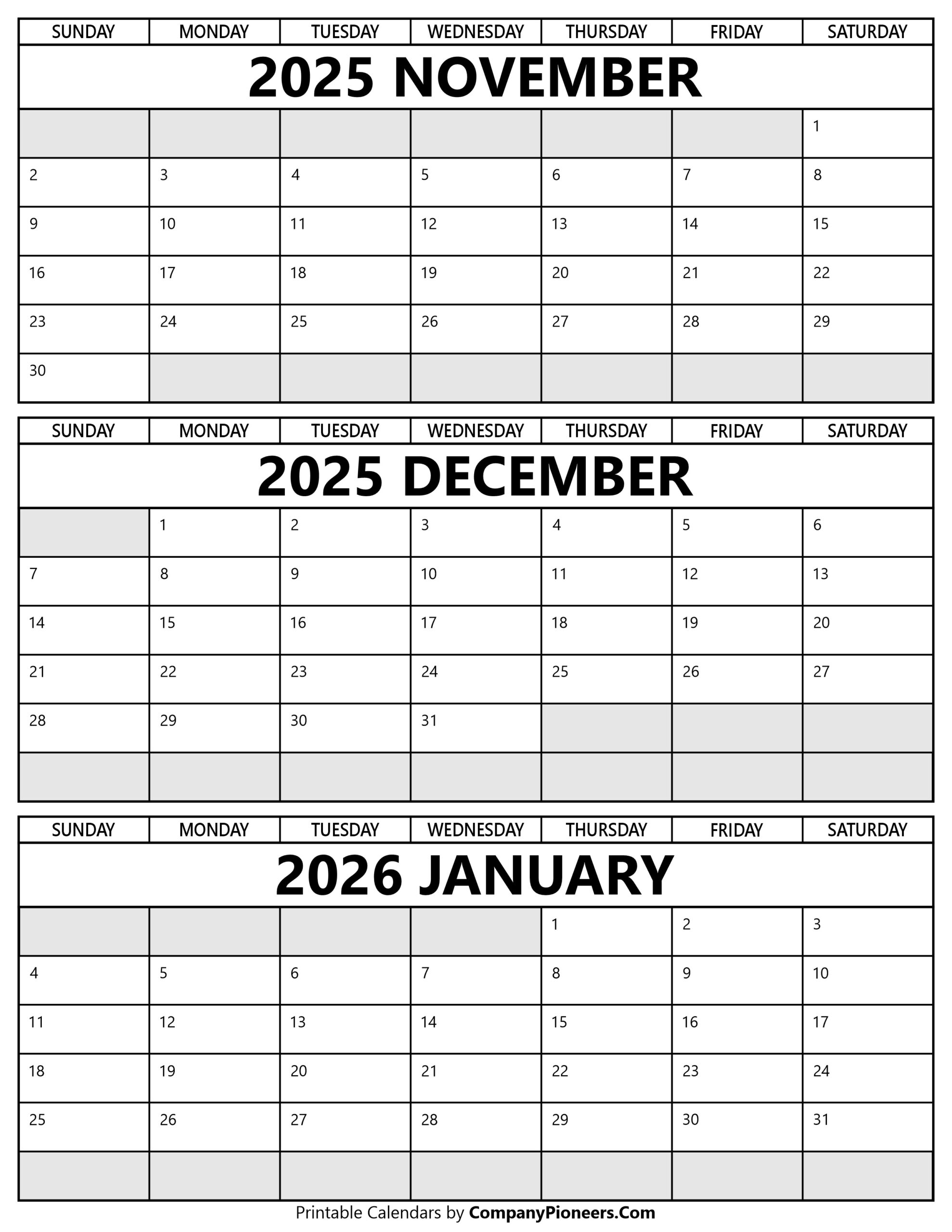 November December 2025 January 2026 Calendar Printable - Template inside November 2025 to January 2026 Calendar