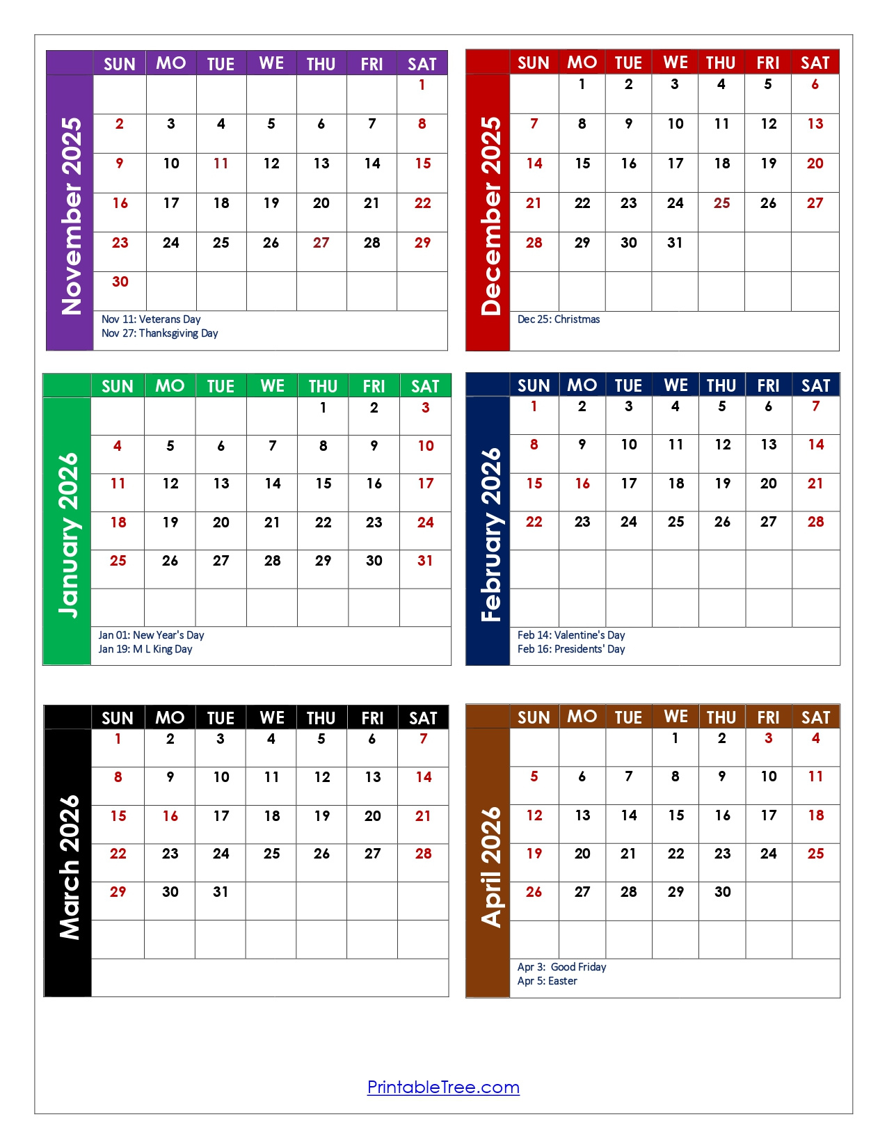 November To April 2026 Calendar Printable Pdf | Six Months Calendar in November 2025 to March 2026 Calendar