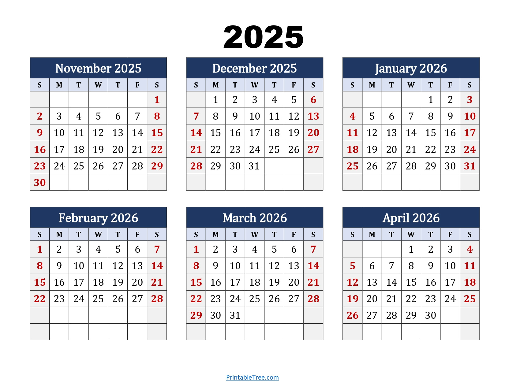 November To April 2026 Calendar Printable Pdf | Six Months Calendar regarding November 2025 To March 2026 Calendar