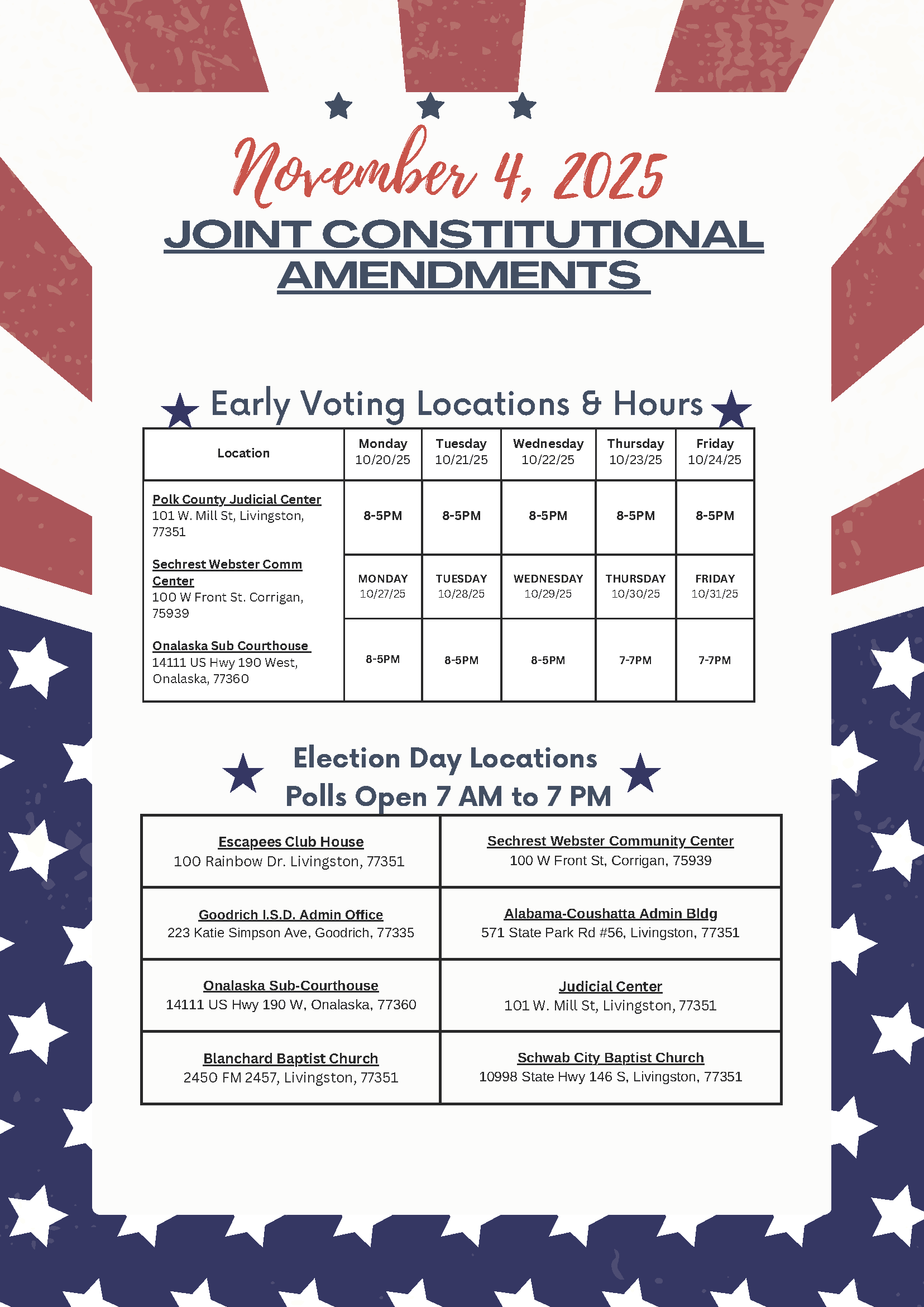 Polk County, Texas regarding November 4 2025 Election Law Calendar