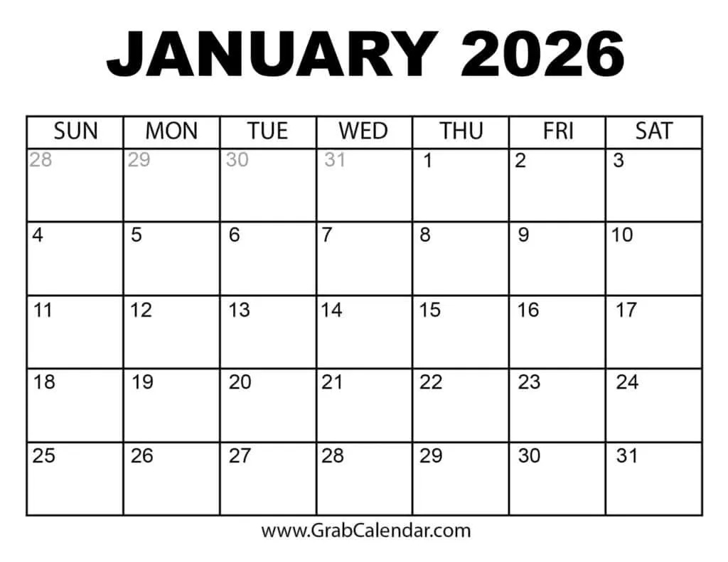 Printable January 2026 Calendar intended for Printable 3 Month Calendar November December January 2026-2026
