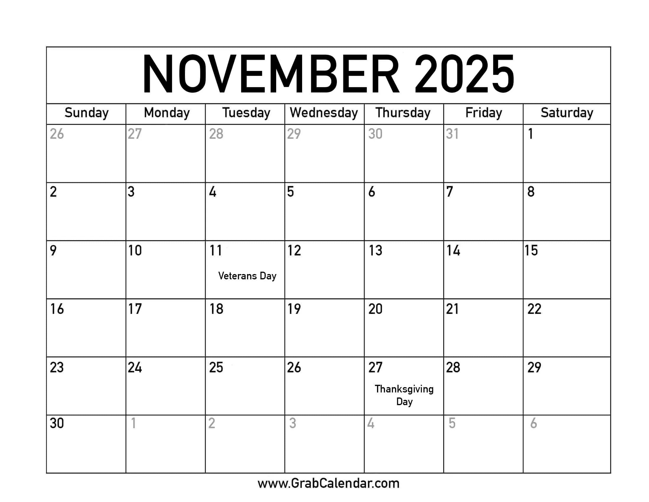 Printable November 2025 Calendar for November 2025 Day Calendar
