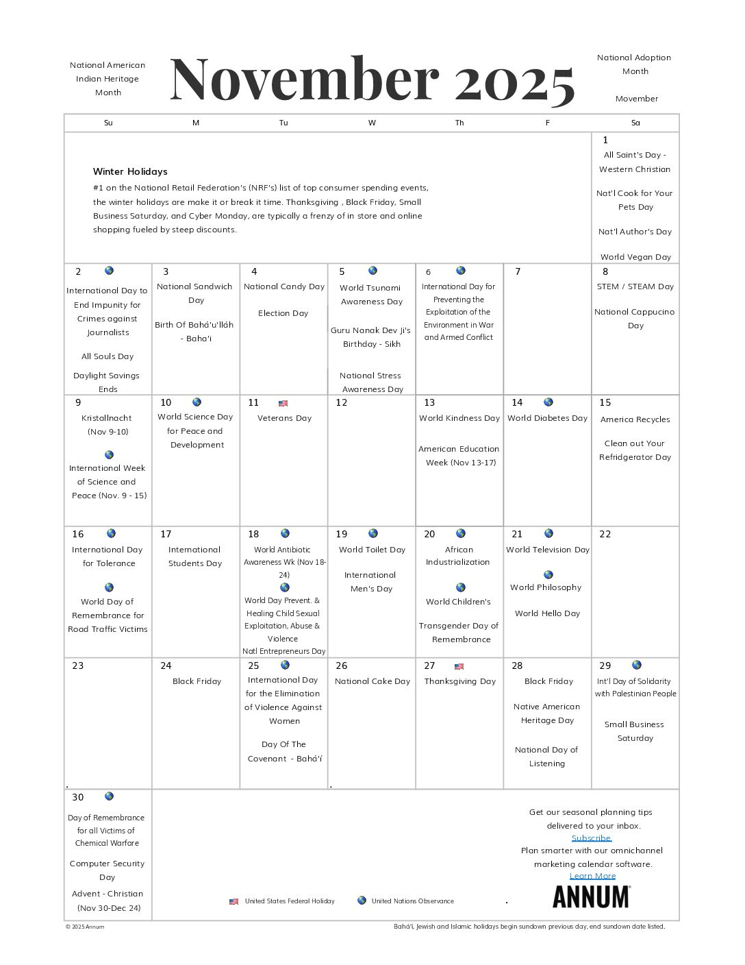 Printable November 2025 Calendar | November Holidays | Annum for Calendar Events November 2025