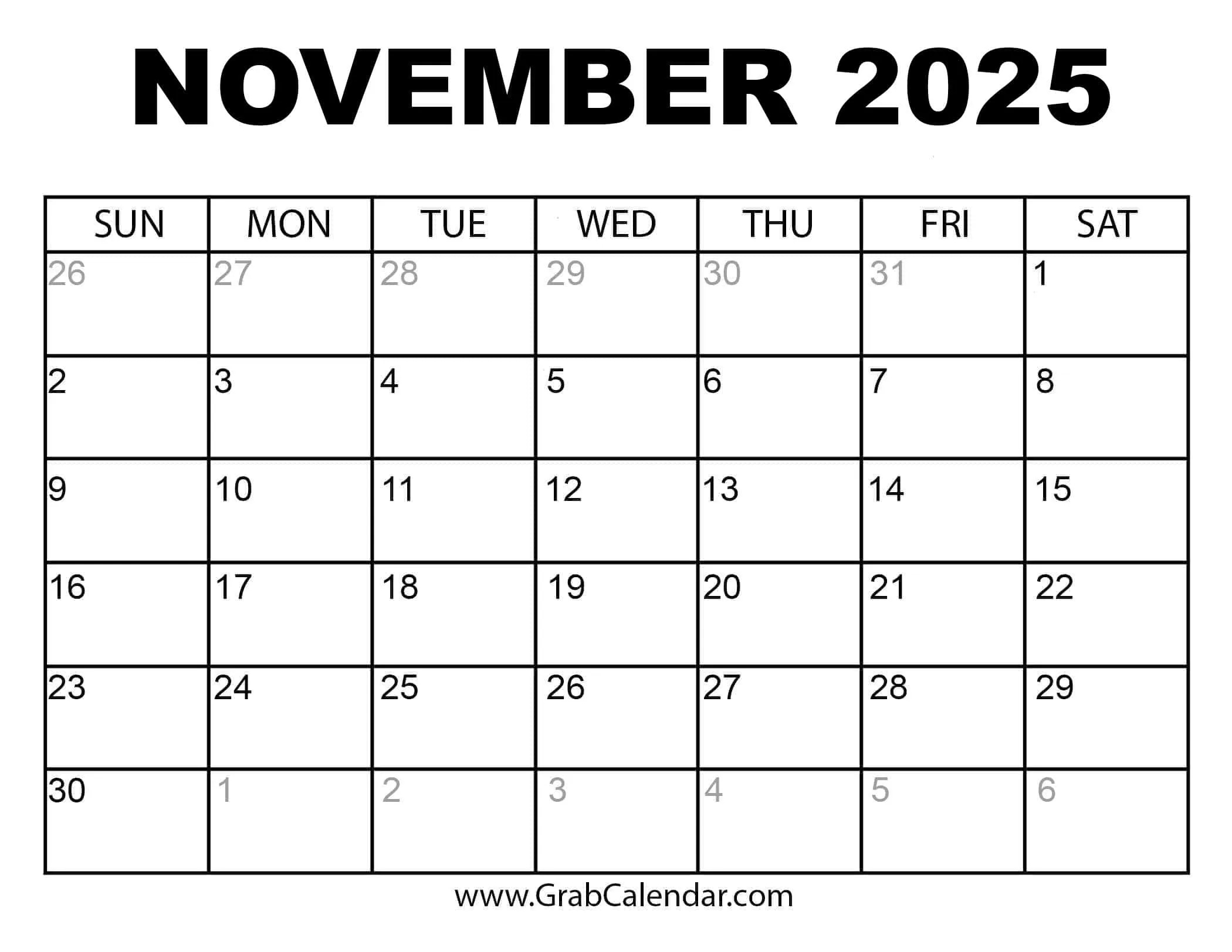 Printable November 2025 Calendar within Printable November 2025 Calender