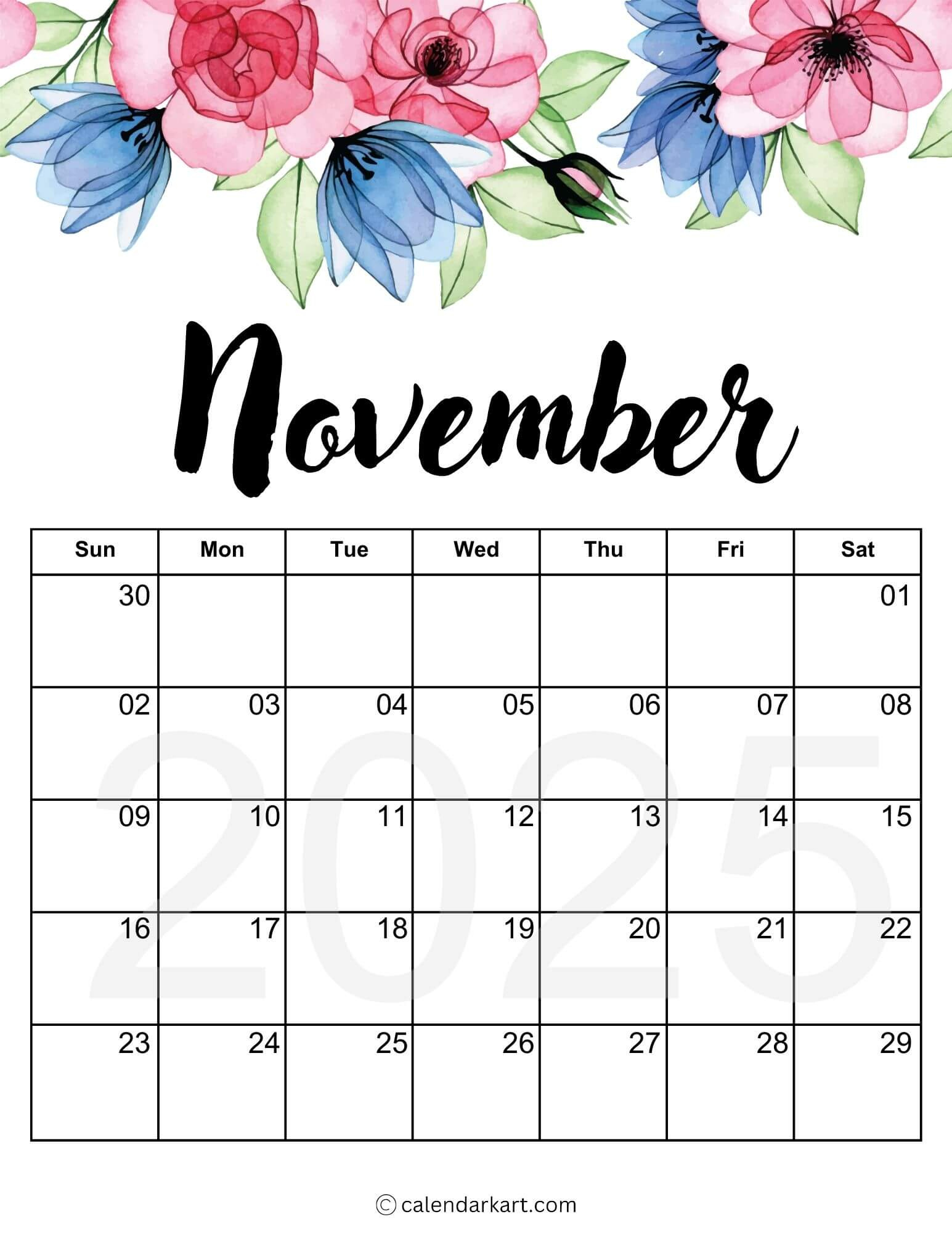 Printable November 2025 Calendars | Free Pdf - Calendarkart intended for November 2025 Calendar Vertical Printable