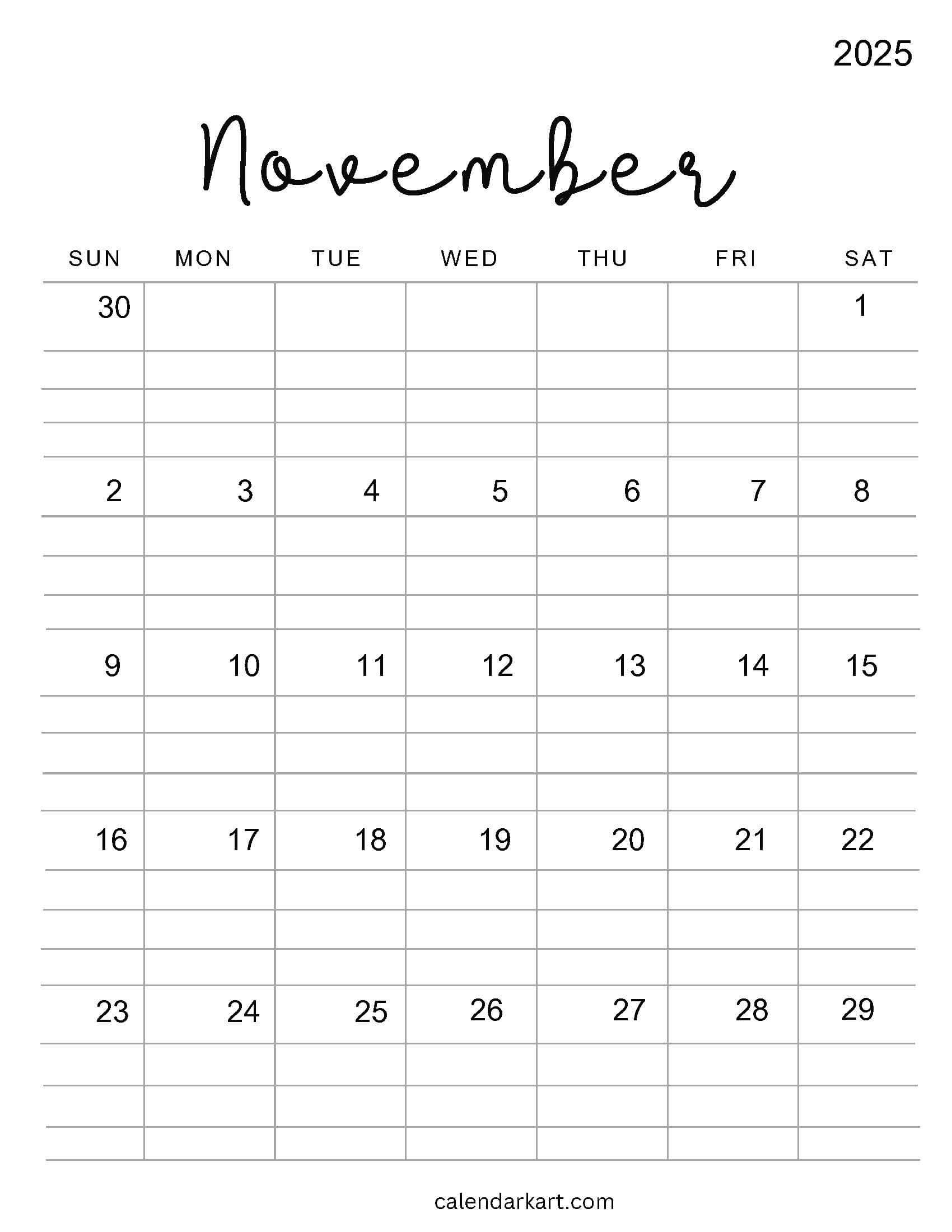 Printable November 2025 Calendars | Free Pdf - Calendarkart pertaining to November 5 Calendar 2025