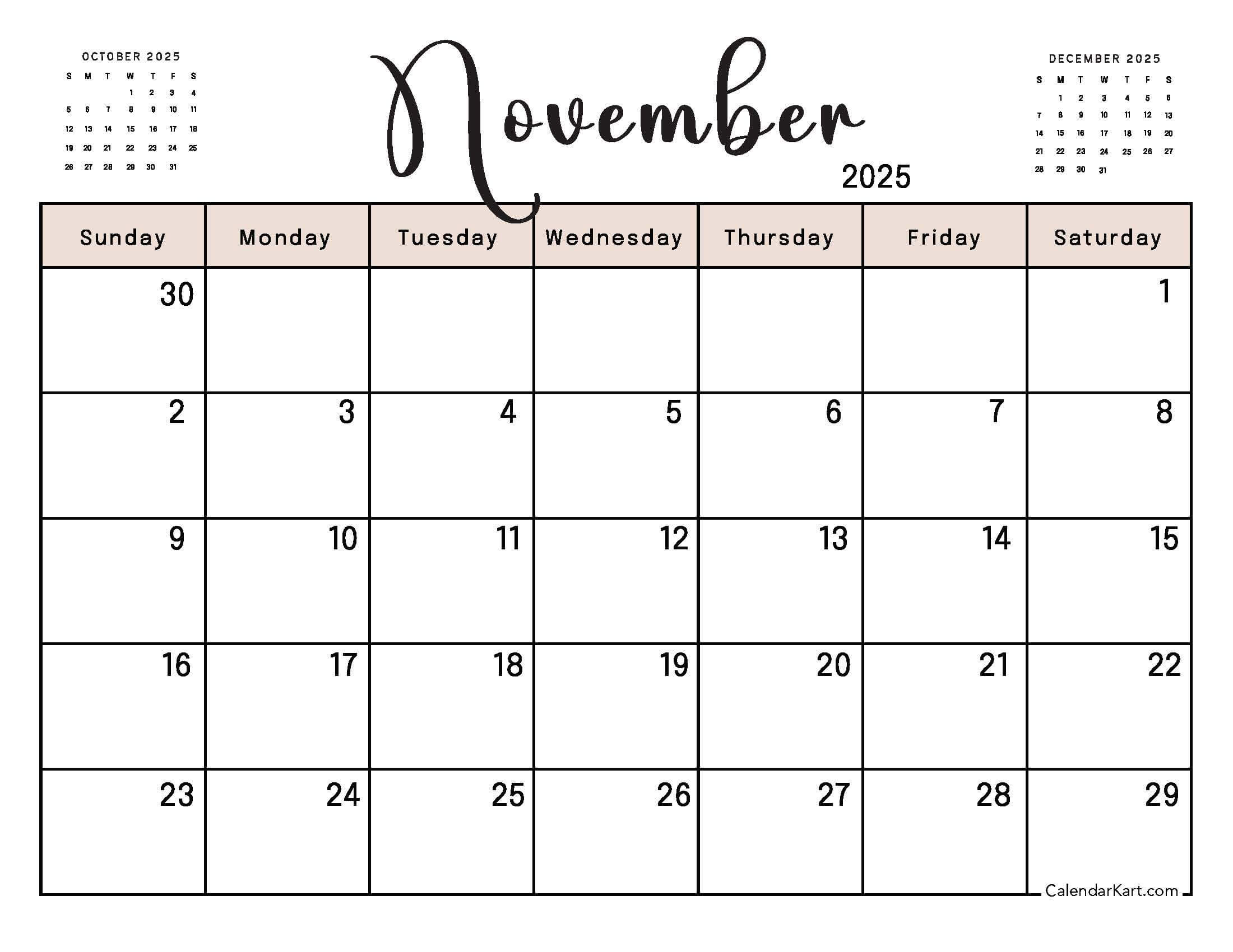 Printable November 2025 Calendars | Free Pdf - Calendarkart with Calendar 2025 Printable Free November Excel